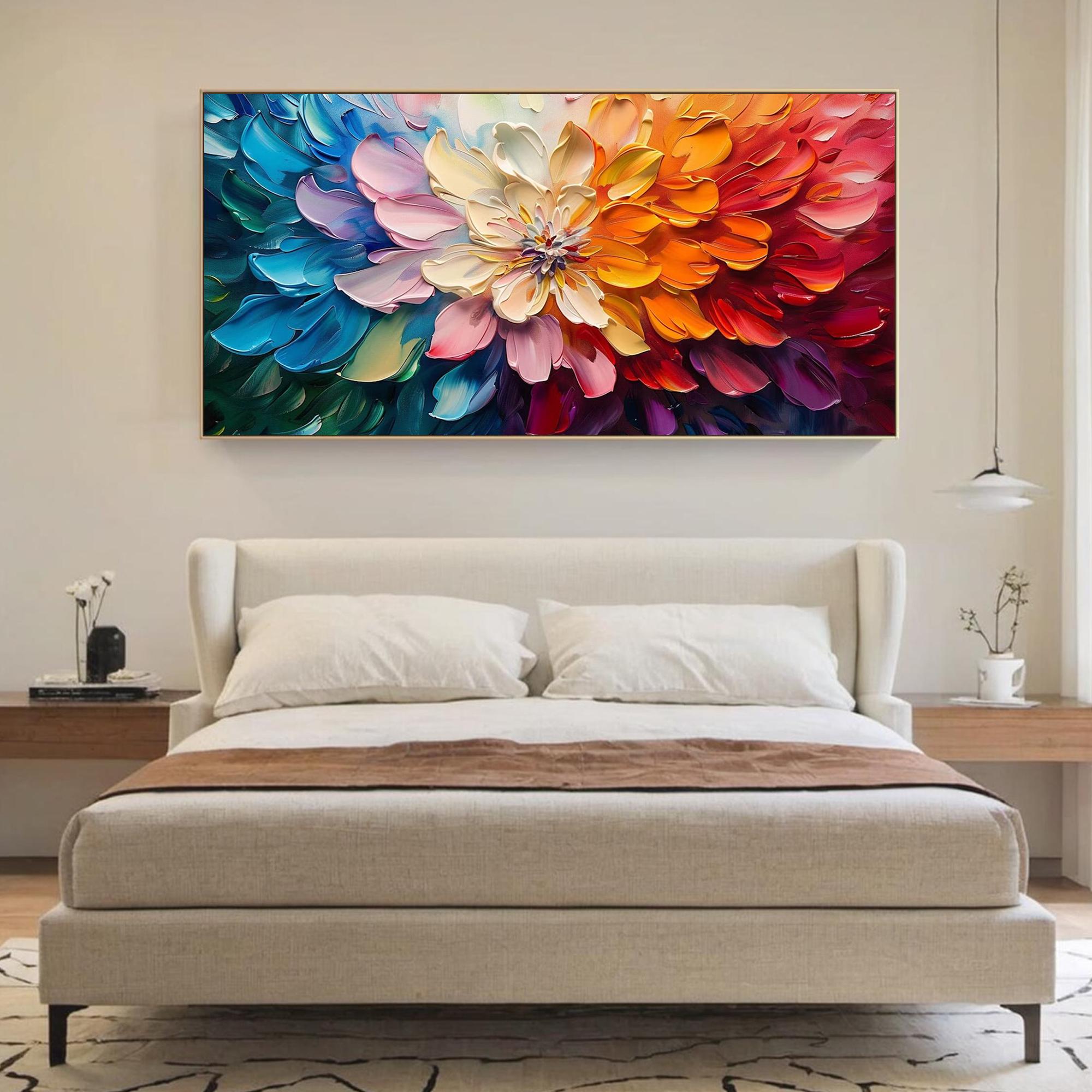 Spectrum Bloom – Hand-Painted Multicolored 3D Impasto Flower Heavy Texture Oil Floral Painting | Vibrant Botanical Living Room & Dining Room Art