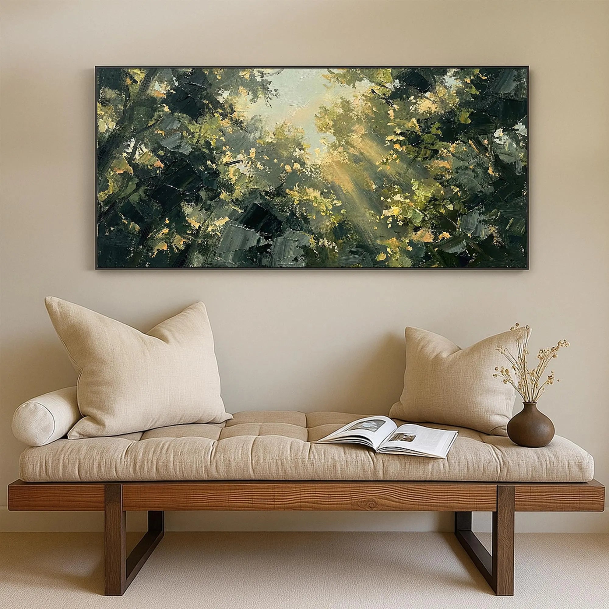 Sunlit Canopy – Hand-Painted Forest Sunlight Impressionist Palette Knife Landscape Painting | Contemporary Landscape Living Room & Dining Room Art
