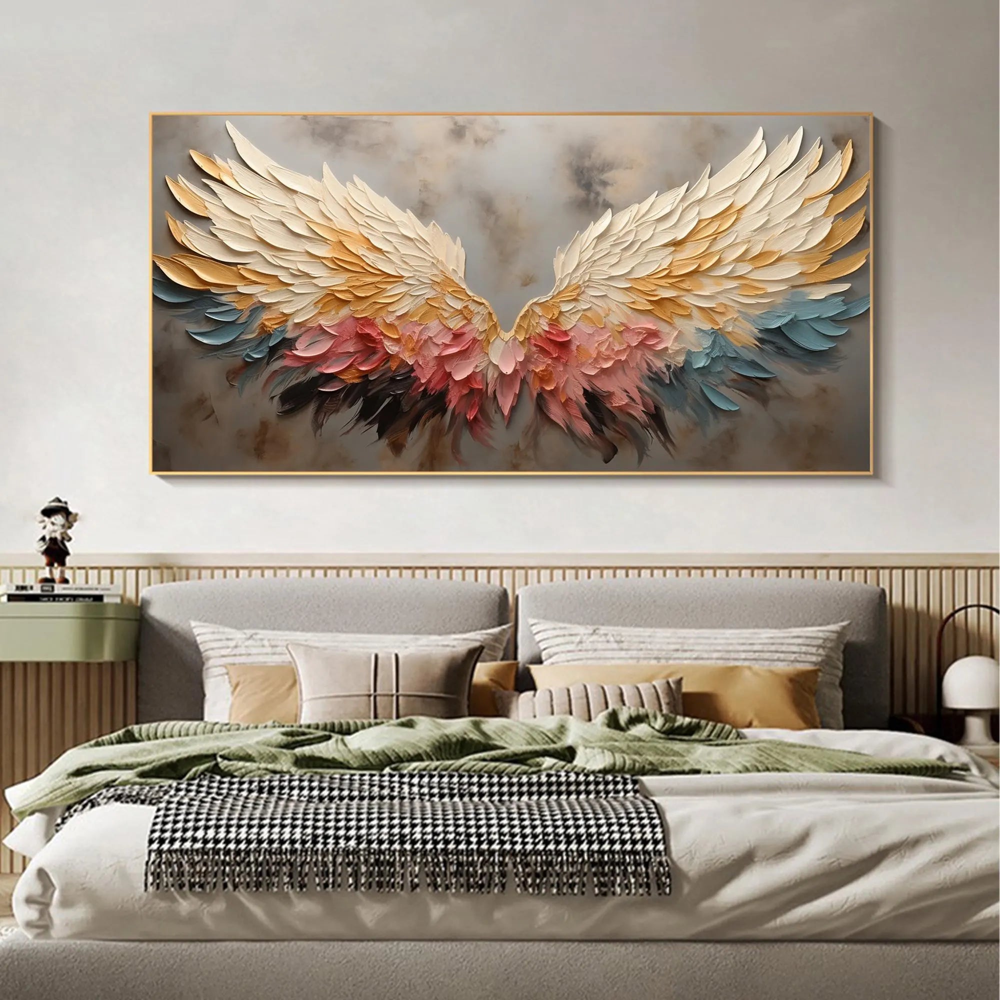 Sunset Wings – Gold & Rose Pink Feather Relief Texture Painting | Modern Luxury Metallic Living Room & Hotel Art