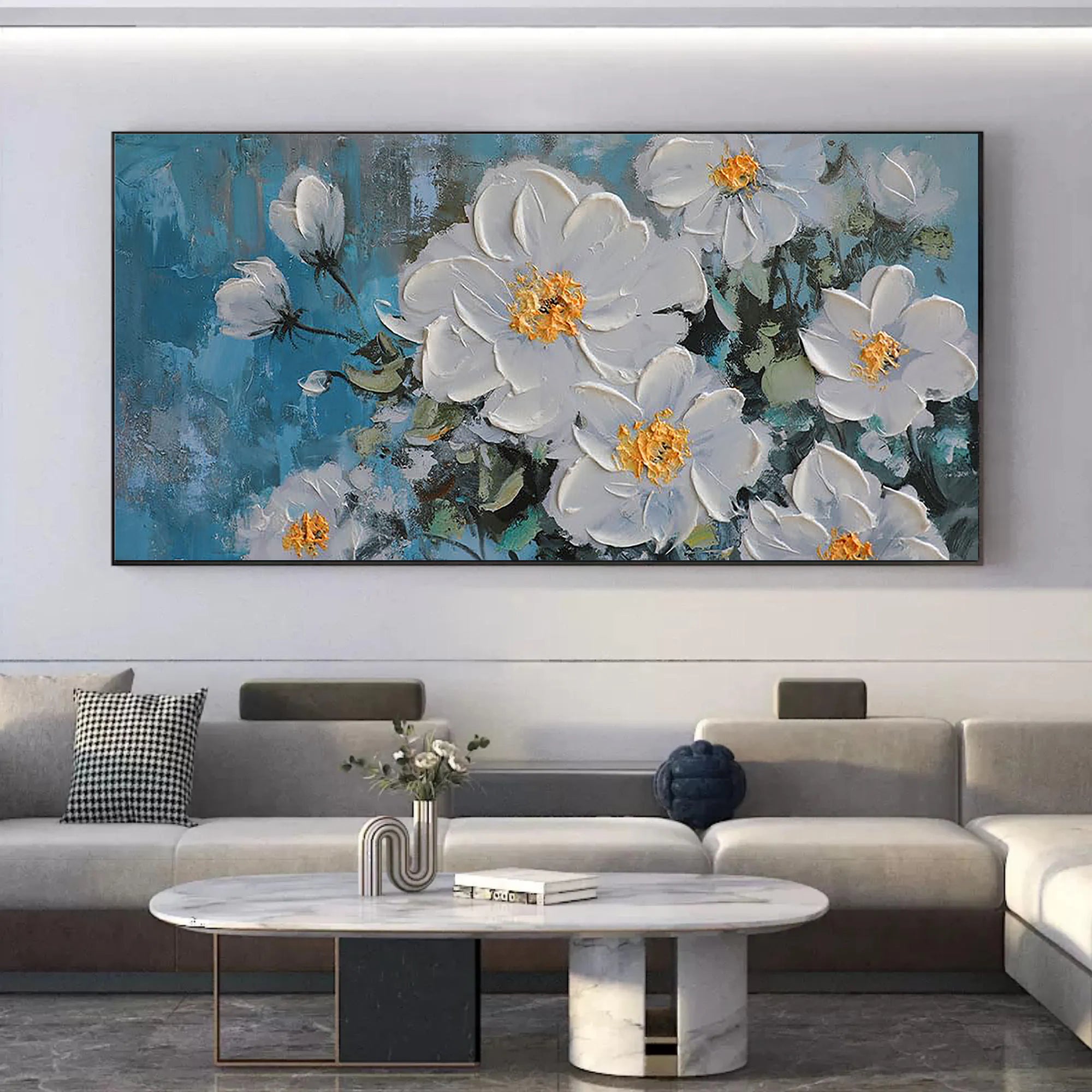 DEEP TEAL BLOOM: 3D Heavy Texture White Flower Wall Art, Luxury Blue Background Relief