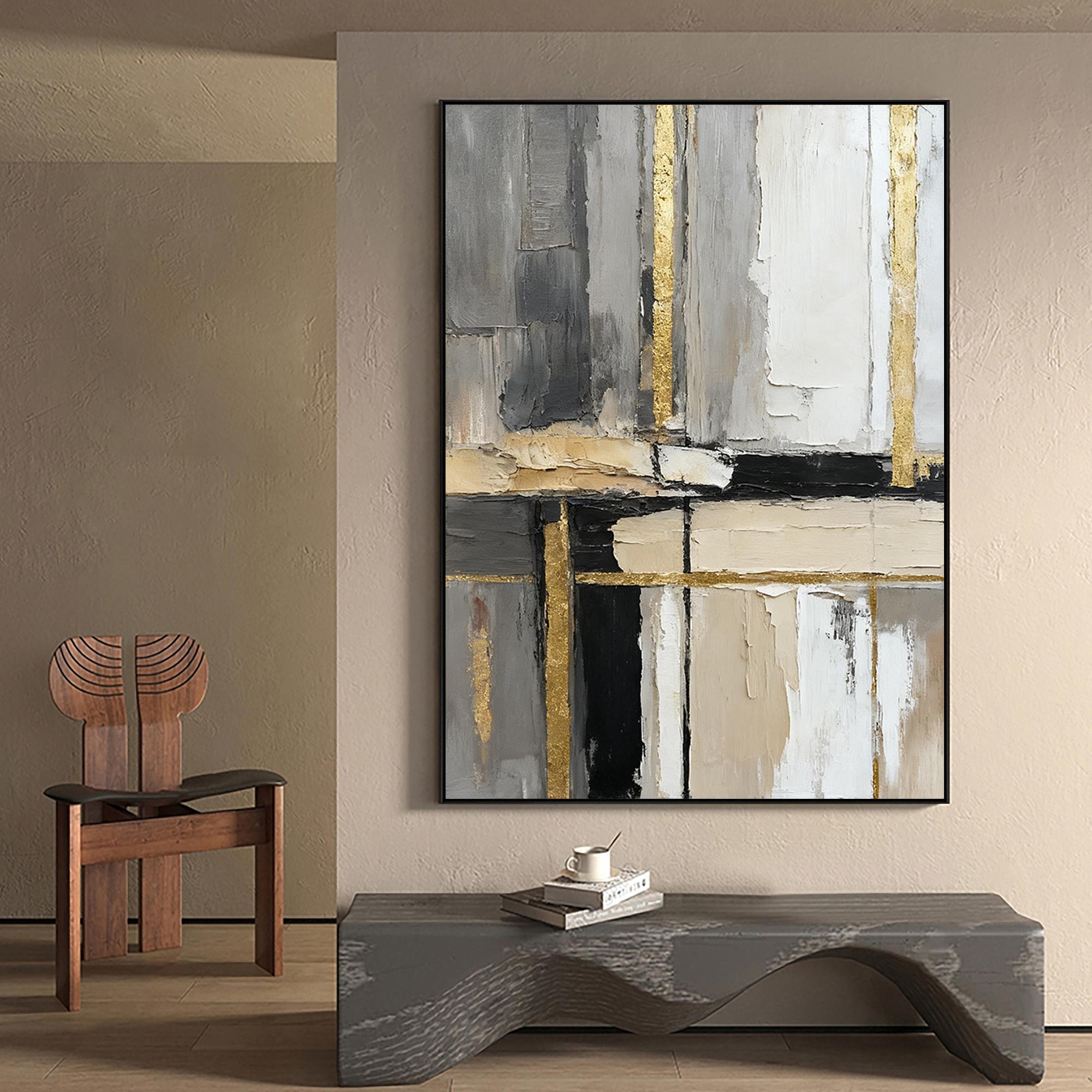 GOLDEN URBAN: Abstract Wall Art, Hand-Painted Minimalist Grey and Gold Foil Vertical Line 3D Textured Canvas Art