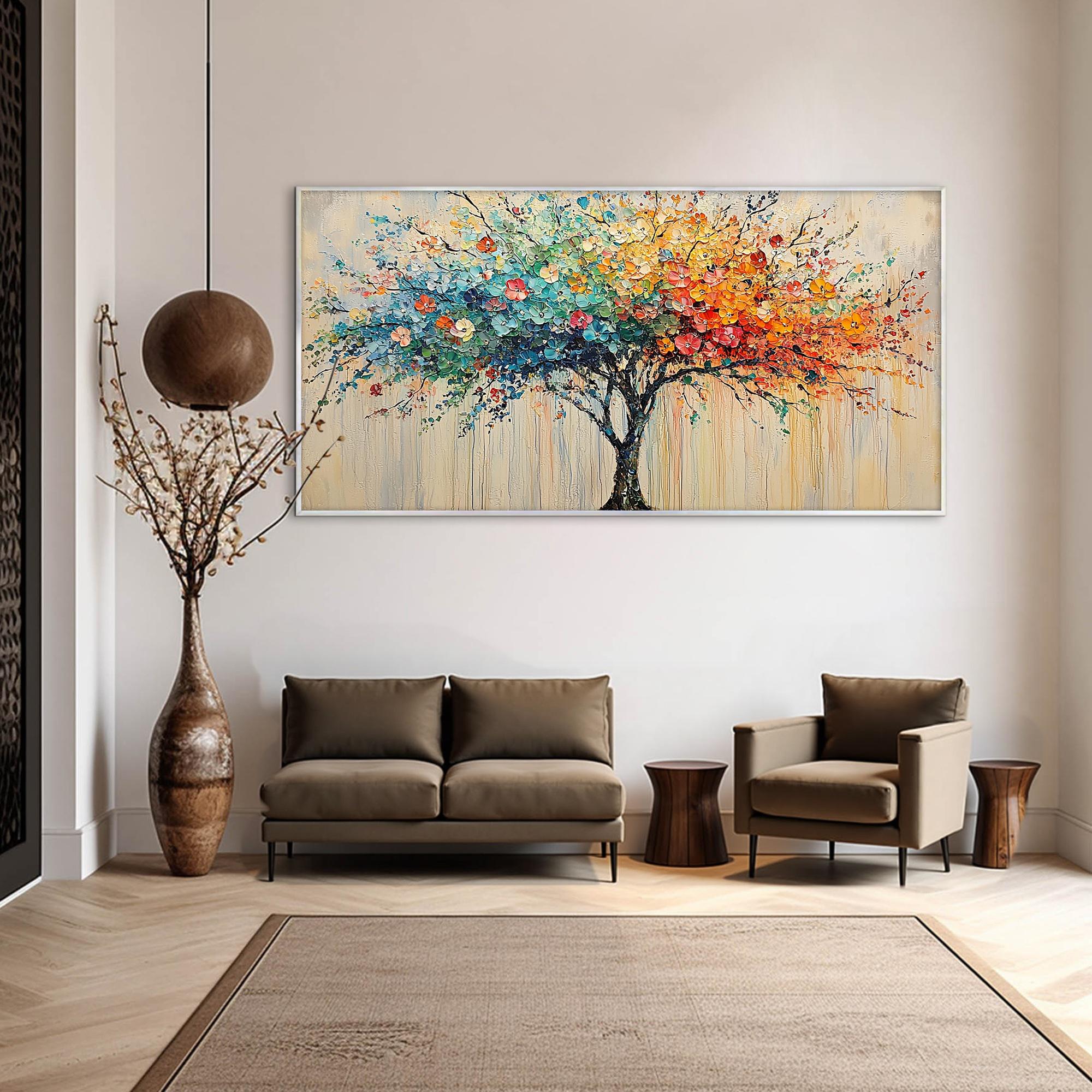 Colorful Harmony – Vibrant Dot-style Landscape Panoramic Painting | Contemporary Landscape Living Room & Dining Room Art