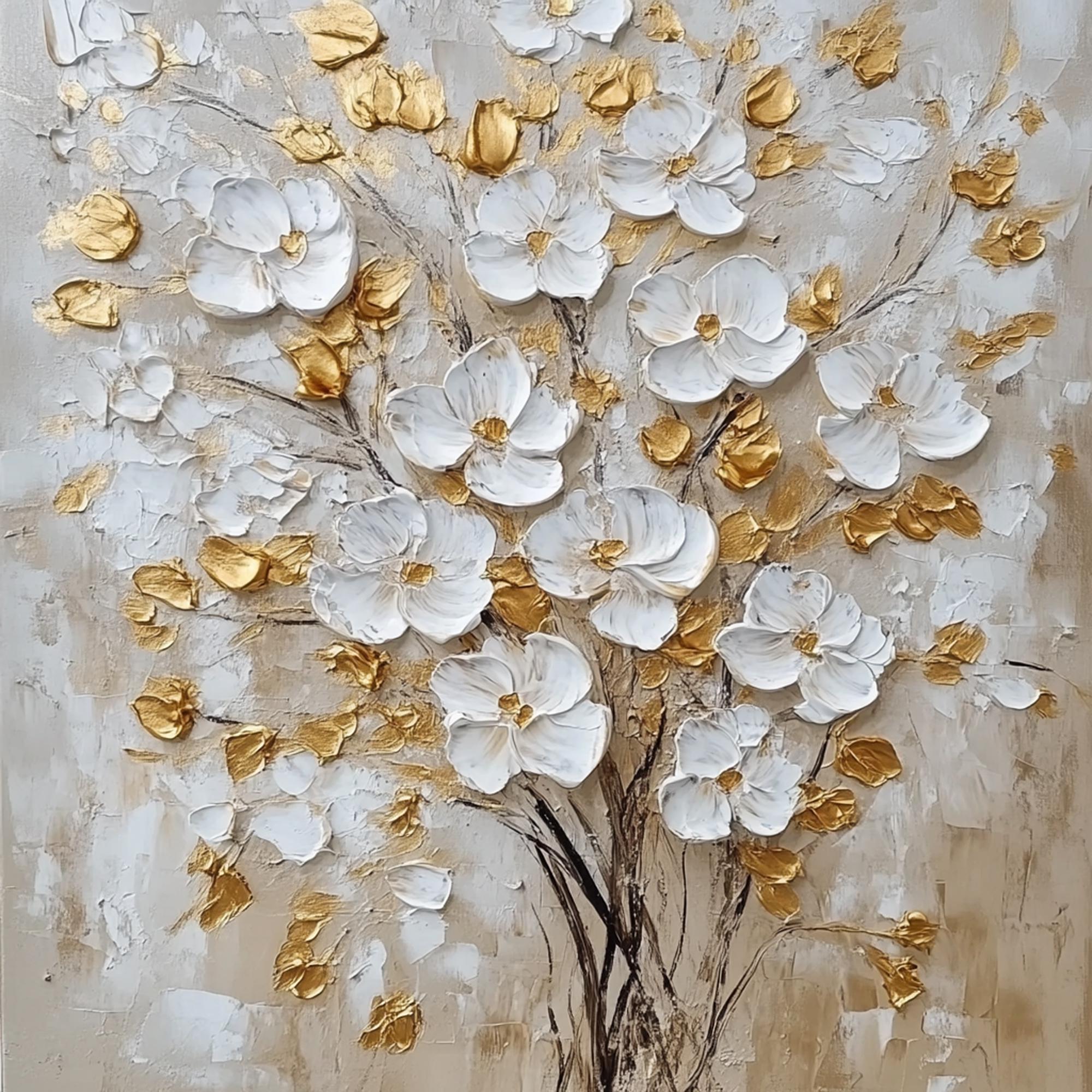 Golden Bloom – Hand-Painted White and Gold Foil 3D Relief Plaster Effect Floral Painting | Modern Luxury Botanical Bedroom & Living Room Art