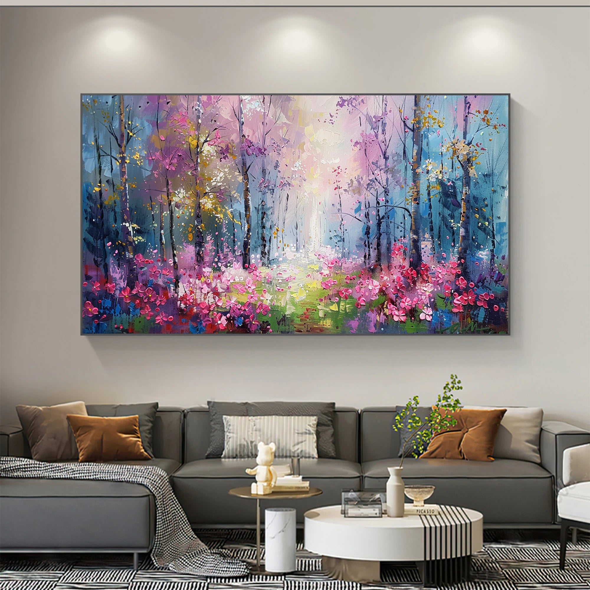 Enchanted Grove – Hand-Painted Purple and Pink Mystic Forest Landscape Painting | Contemporary Landscape Living Room & Dining Room Art