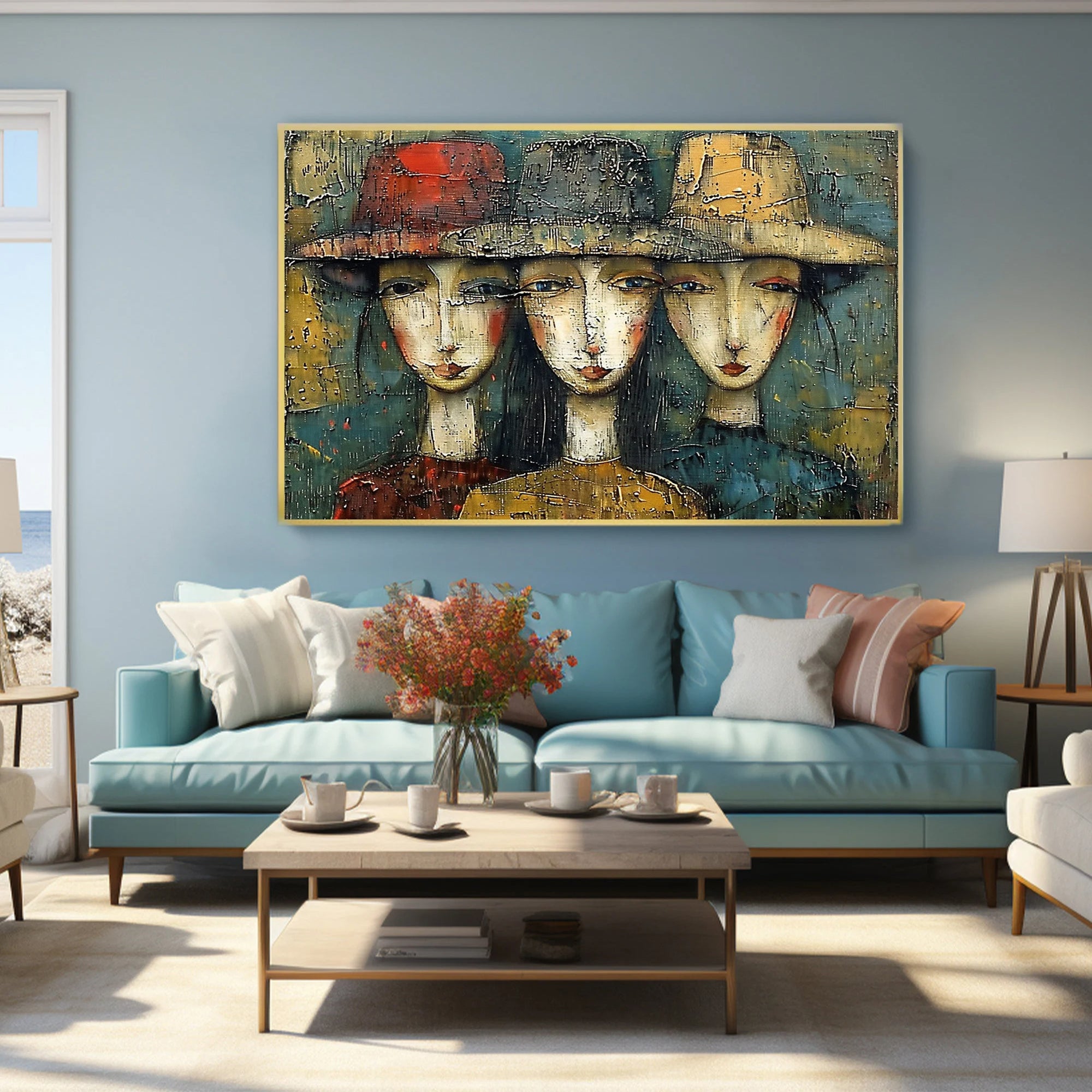 Sisterhood Chic – Hand-Painted Abstract Women with Hats Expressionist Portrait Painting | Contemporary Expressionist Living Room & Office Art