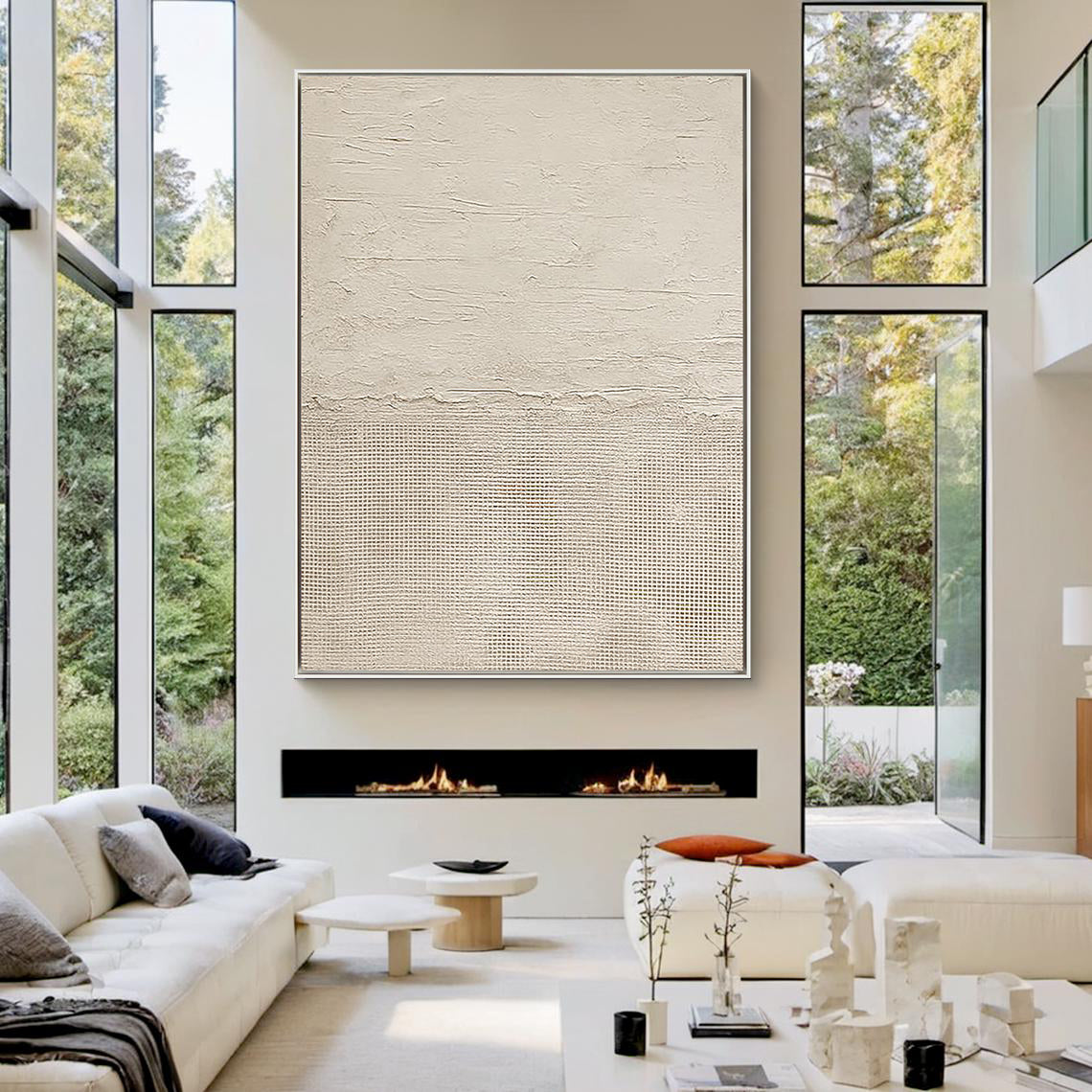 Creamy Horizon – Hand-Painted Minimalist Beige Two-Tone Plaster Effect Wabi-Sabi Painting | Japandi Organic Wabi-Sabi Living Room & Hallway Art