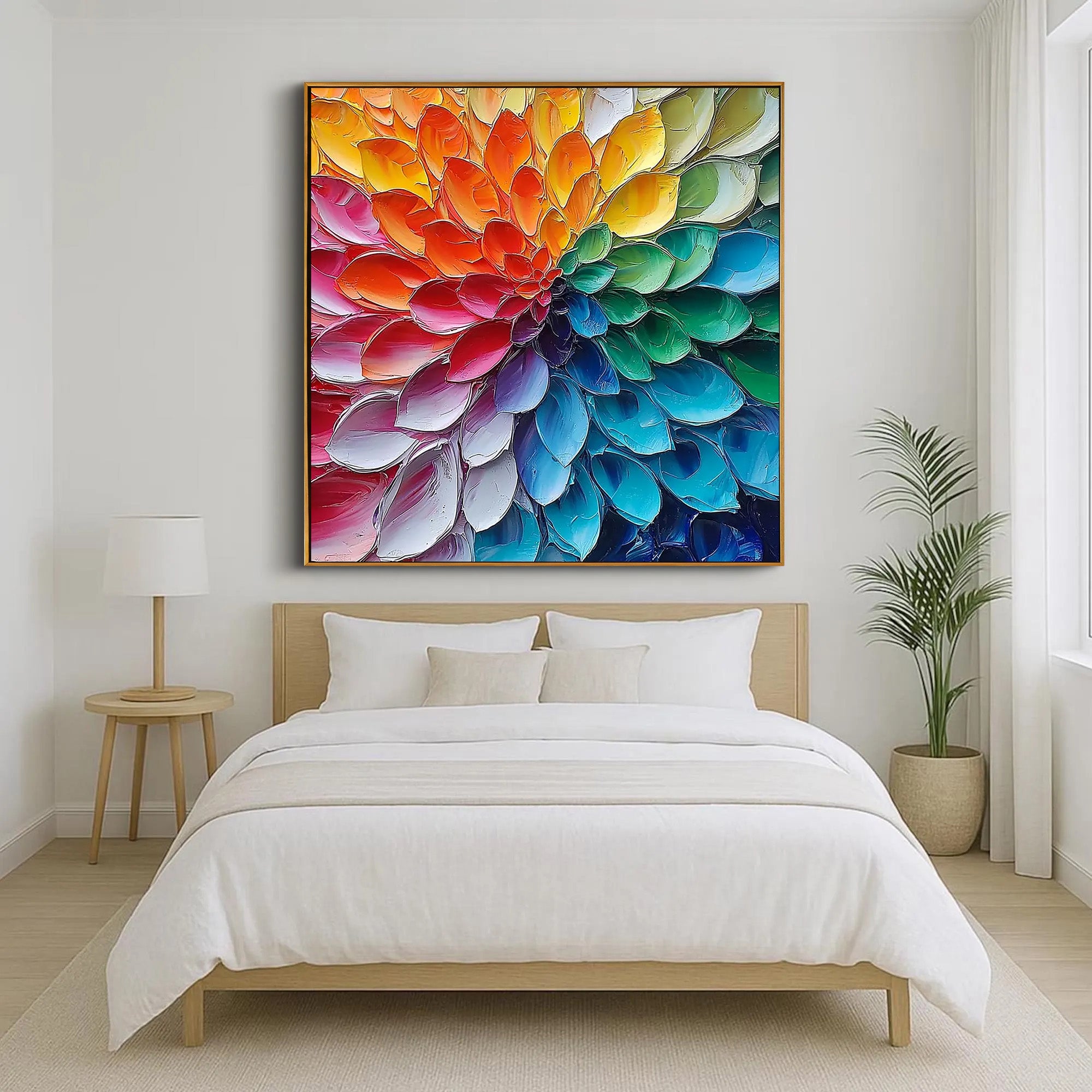 RAINBOW RADIANCE: Modern Square 3D Heavy Texture Abstract Wall Art, Vibrant Petal Relief Canvas