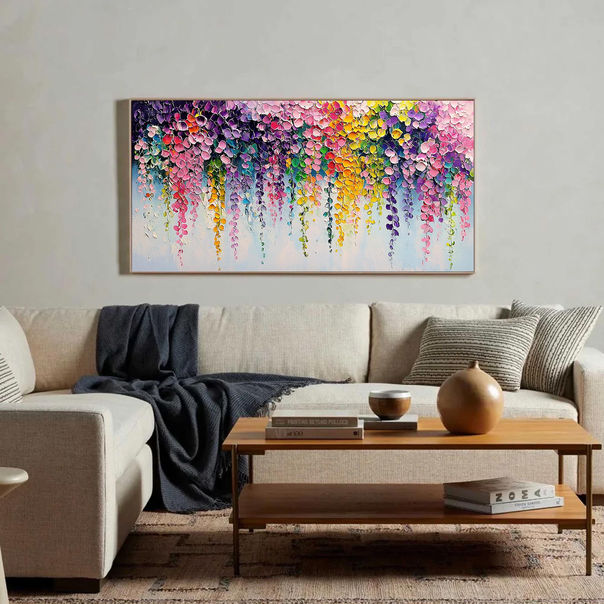Neon Dreamscape – Modern Impasto Cascading Flower Oil Painting | Vibrant Floral Living Room Art