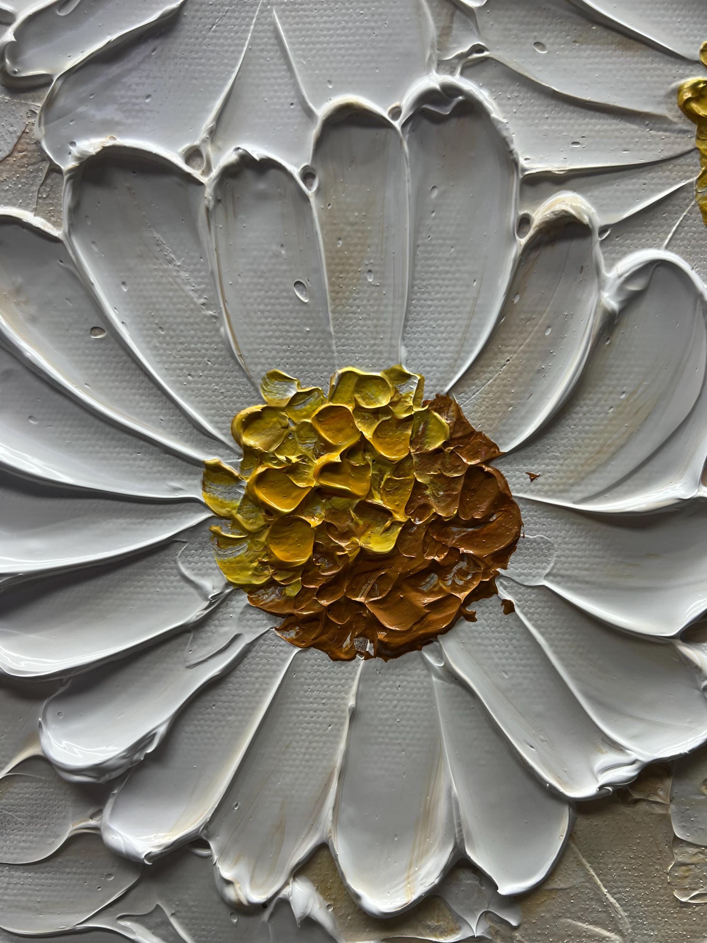 PURE ELEGANCE: 3D Floral Wall Art, Creamy White Plaster Effect Impasto Daisy Art Painting