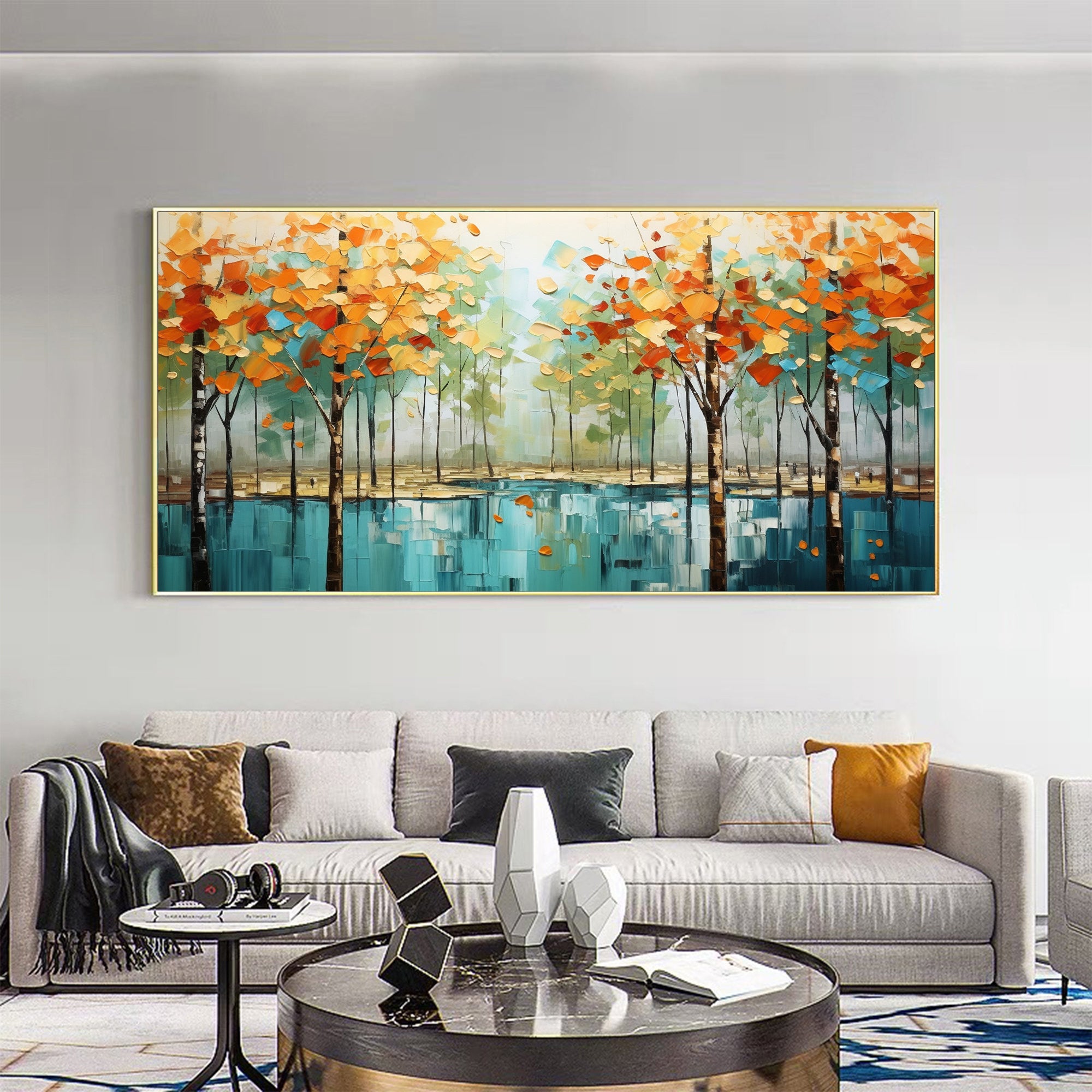 Autumn Reflection – Hand-Painted Orange and Teal Birch Forest Floral Painting | Contemporary Botanical Bedroom & Living Room Art