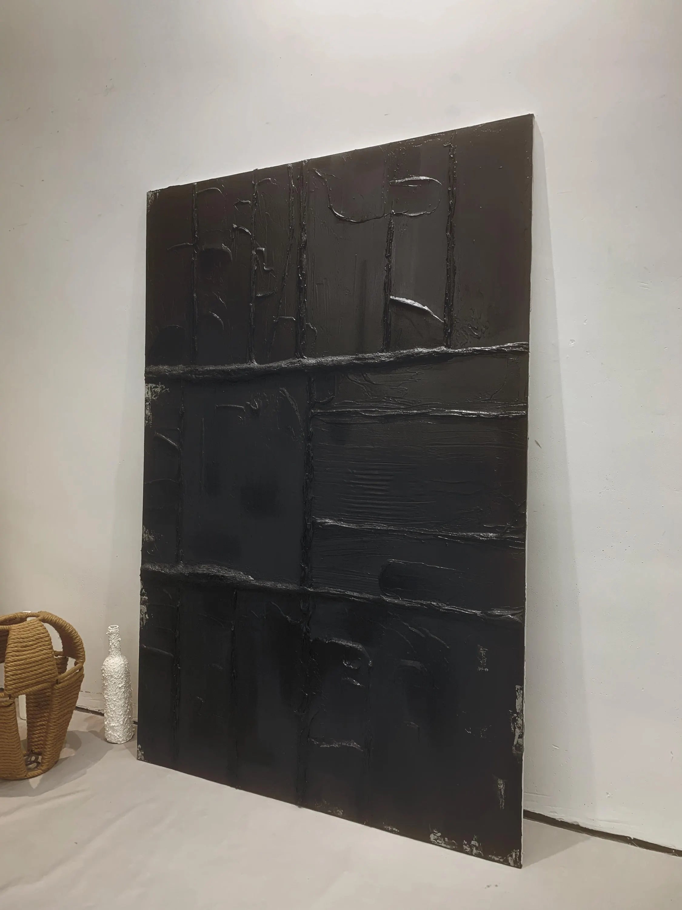 Noir Vestige – Hand-Painted All-Black Distressed Plaster Effect Relief Wabi-Sabi Painting | Modern Noir Wabi-Sabi Living Room & Home Office Art