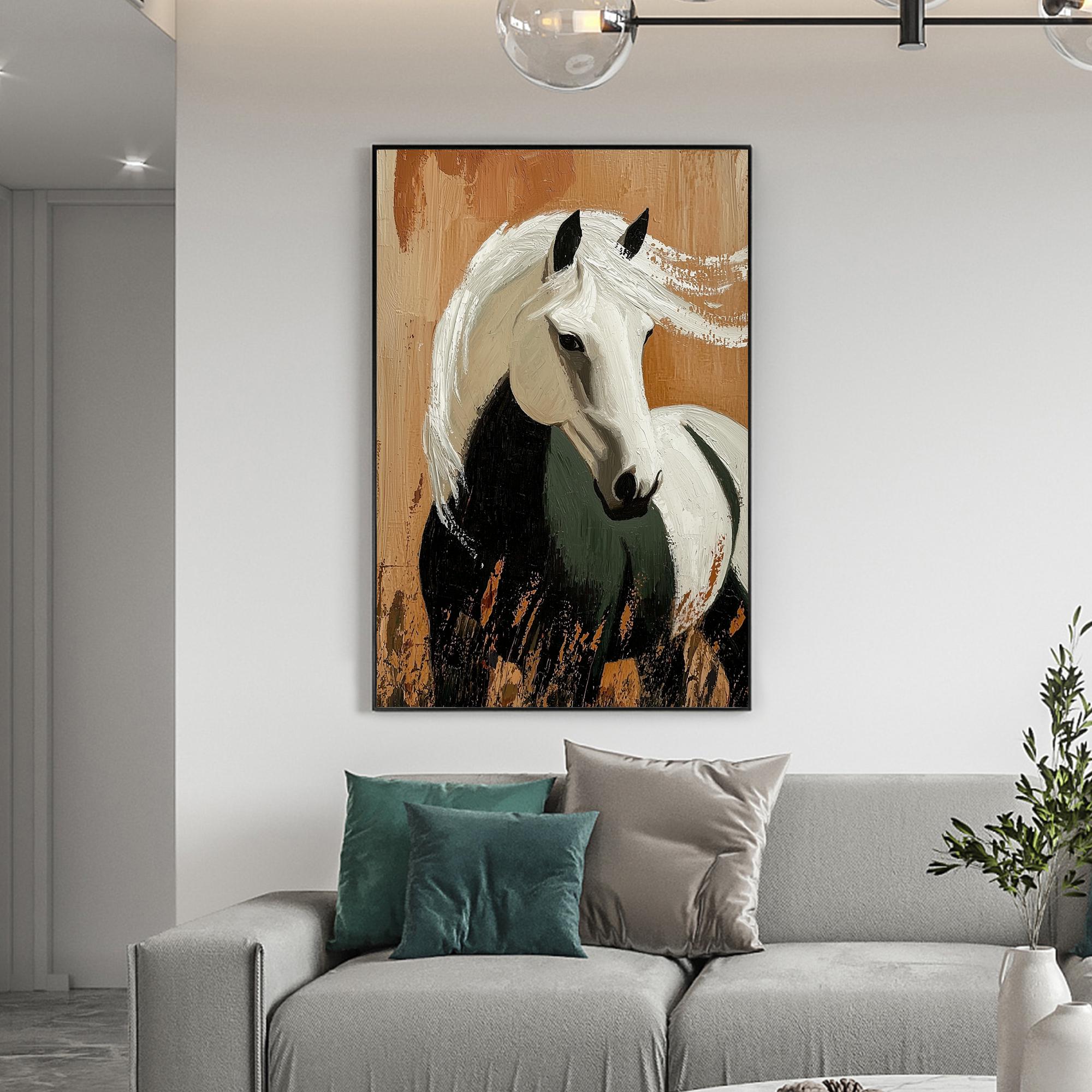 Noble Mane – Textured Black and White Horse Portrait Painting | Modern Minimalist Living Room Art
