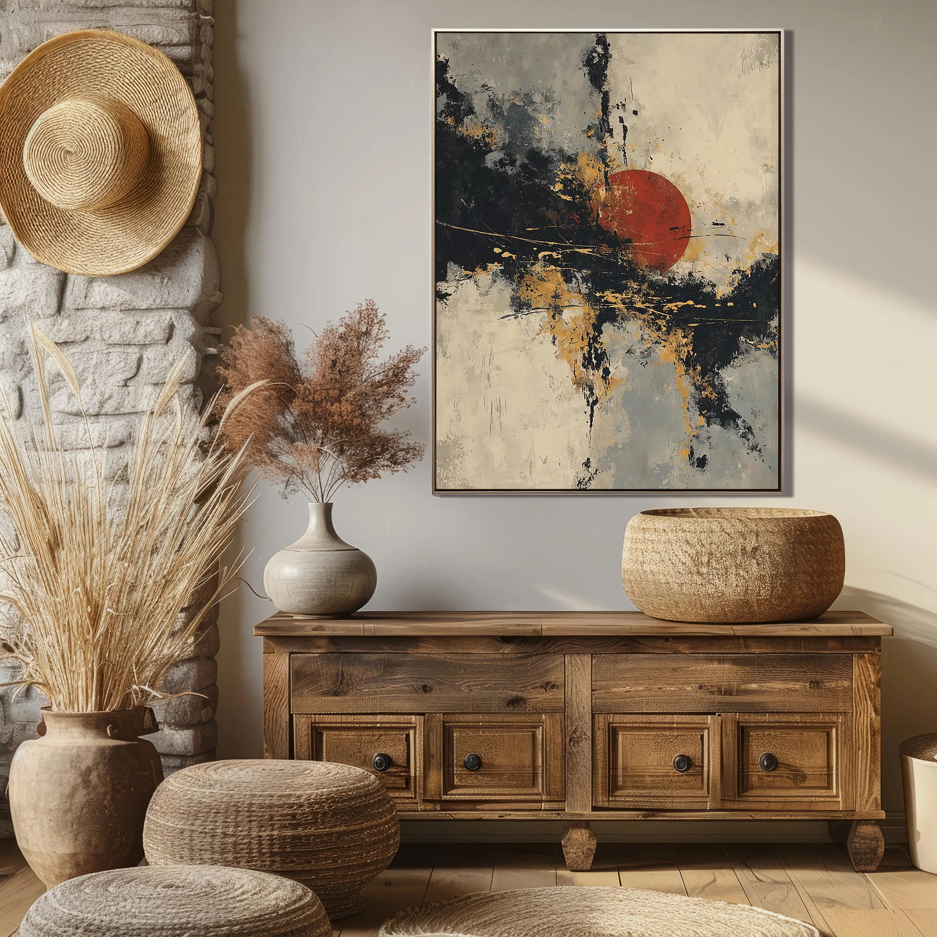 Zen Rising – Red Sun & Golden Texture Oil Abstract Painting | Modern Abstract Living Room & Office Art