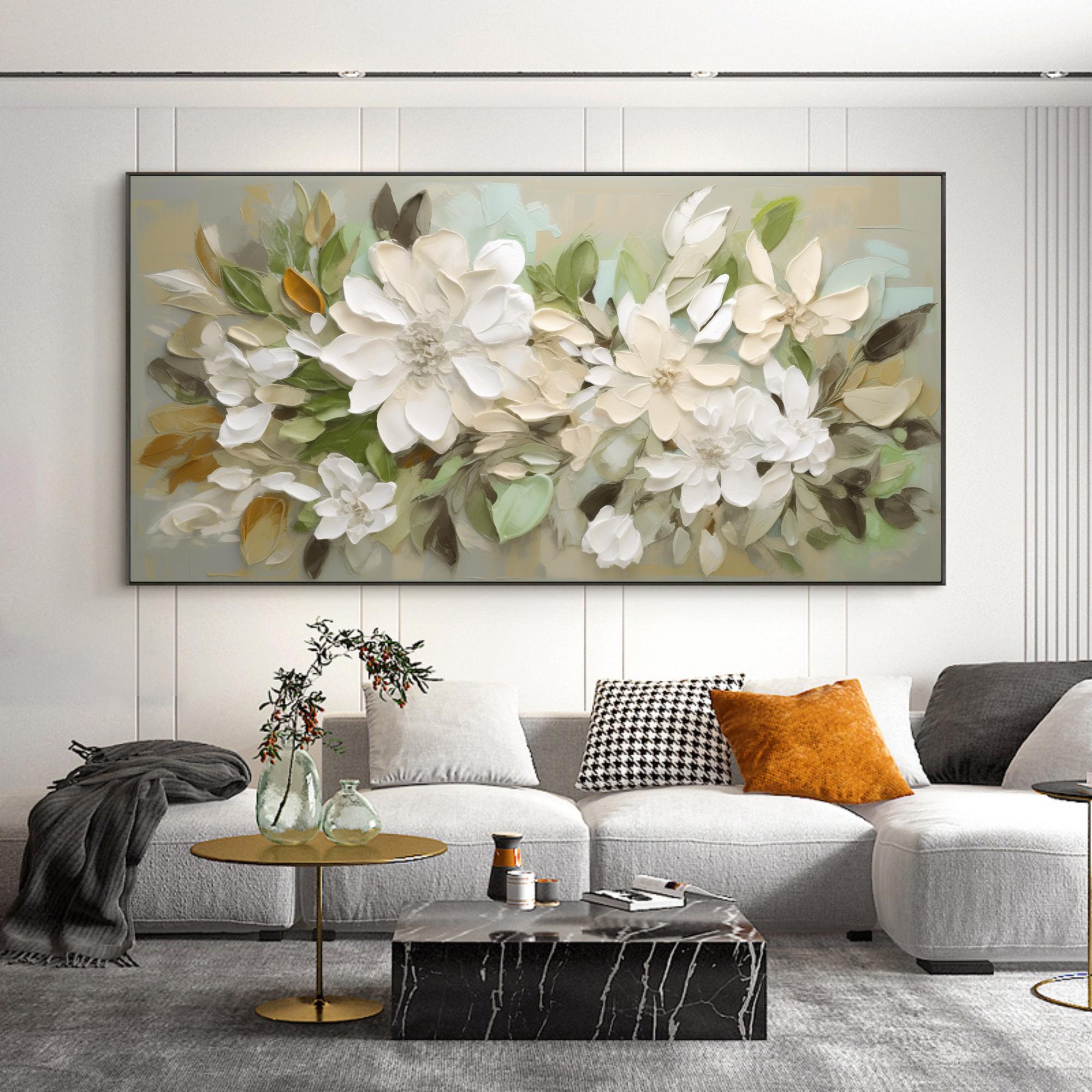 Magnolia Mist – Hand-Painted Sage Green and Off-White 3D Impasto Plaster Relief Floral Painting | Tropical Botanical Bedroom & Dining Room Art