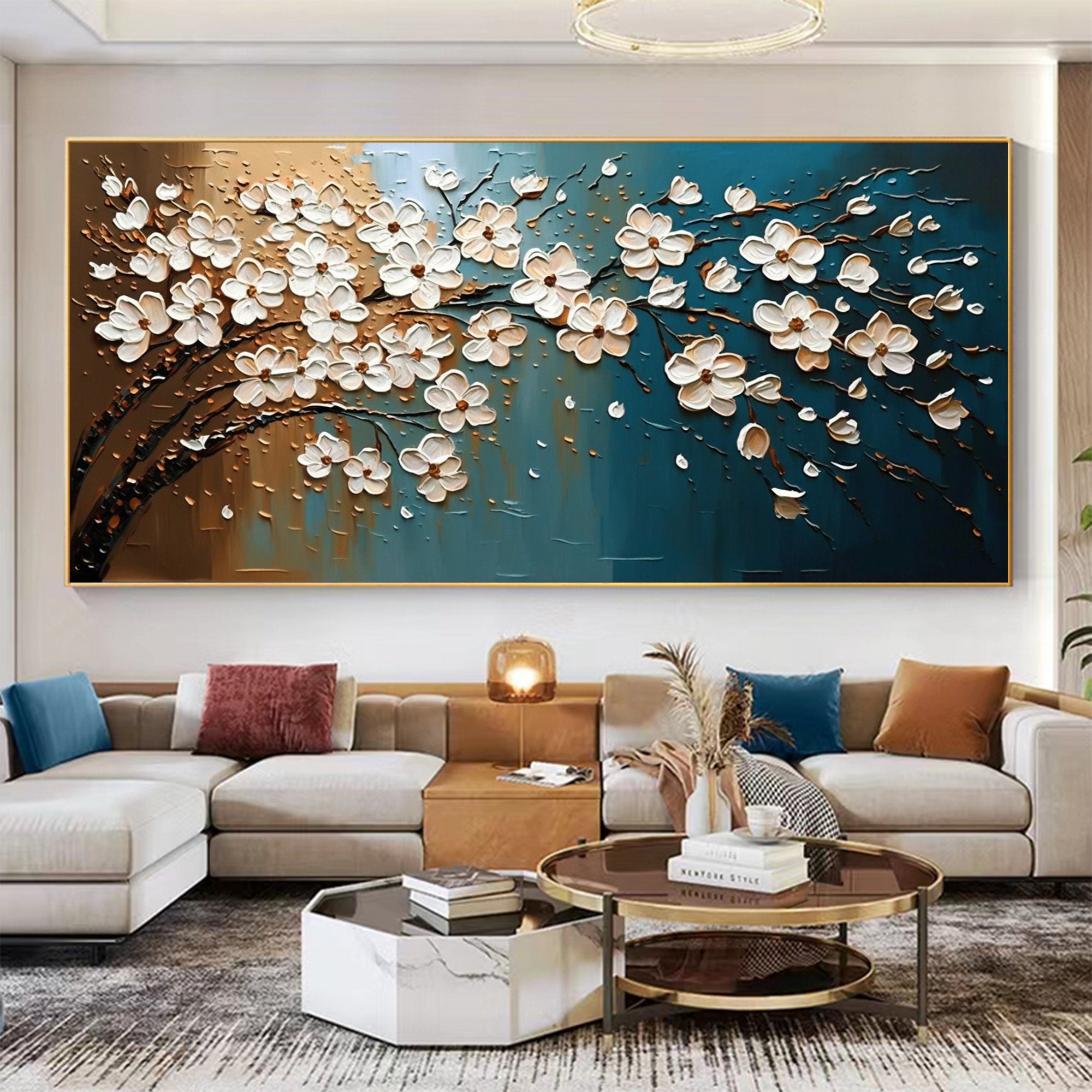 Golden Blossoms – Modern Blue and Gold Tree Hand-Painted Floral Painting | Modern Luxury Botanical Bedroom & Living Room Art
