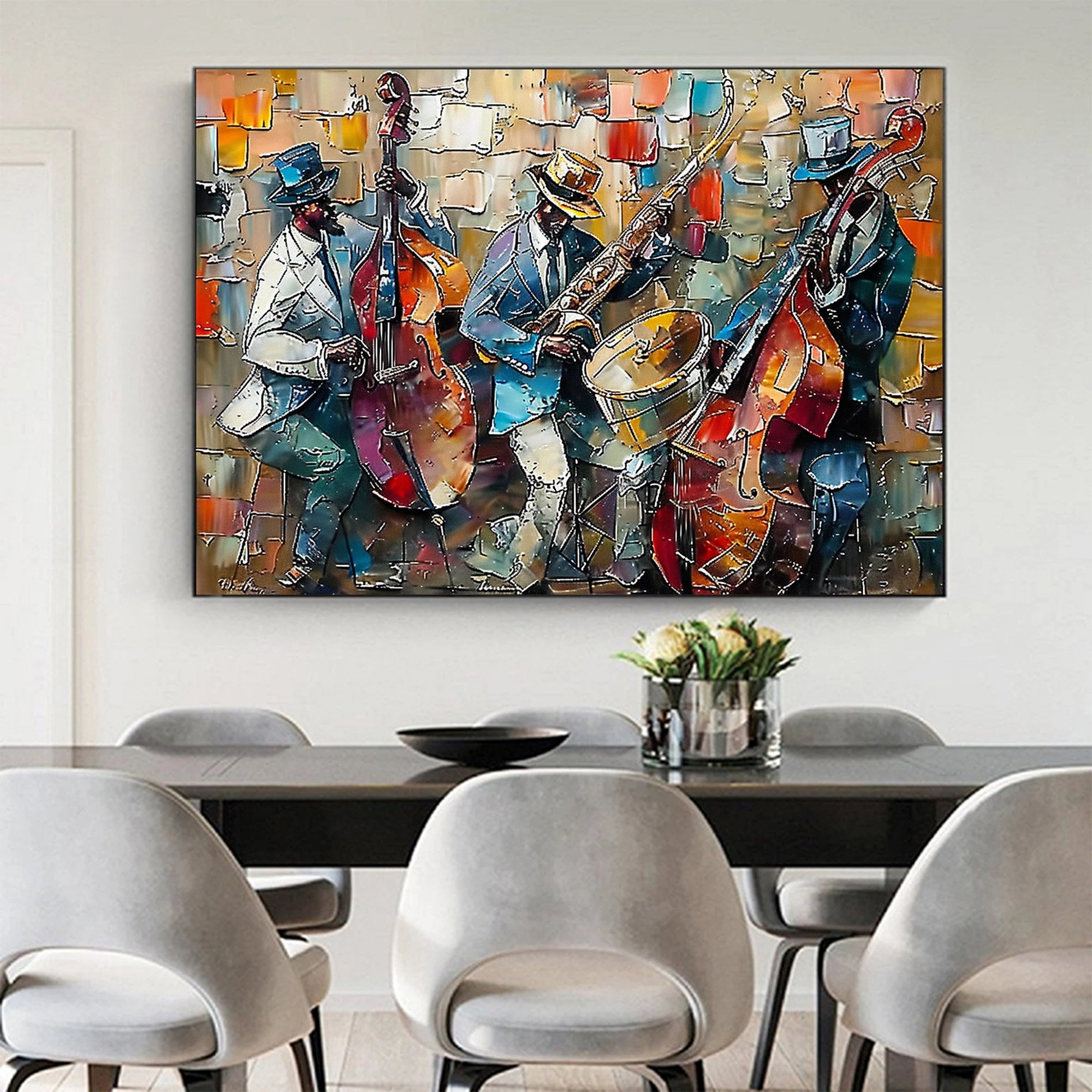 SOULFUL NOTES: People Portrait Wall Art, Hand-Painted Abstract Jazz Bassist Performance Textured Studio Gallery Art