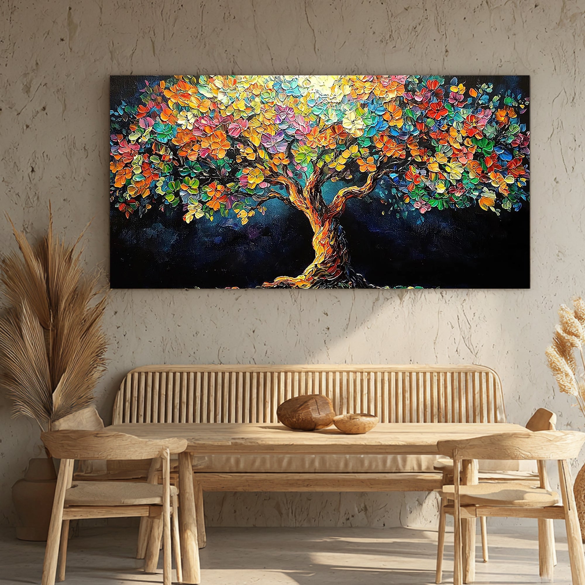 PRISMATIC LIFE: Flower-Tree Art, Hand-Painted Horizontal Vibrant Multicolored 3D Impasto Palette Knife Heavy Texture Studio Art