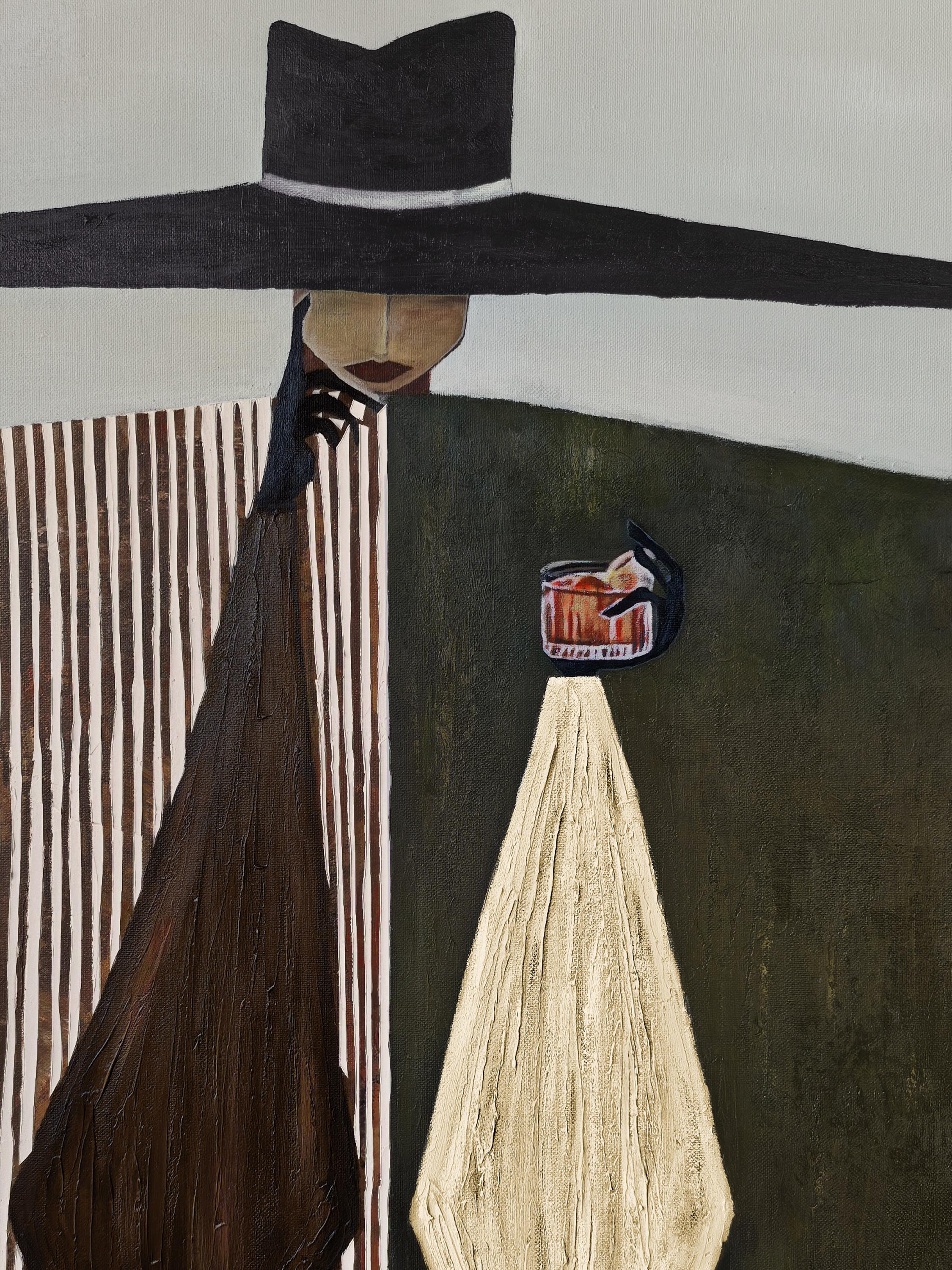 The Midnight Monologue – Surrealistic Modern Woman with Over-sized Hat Painting | Retro Elegant Living Room Art