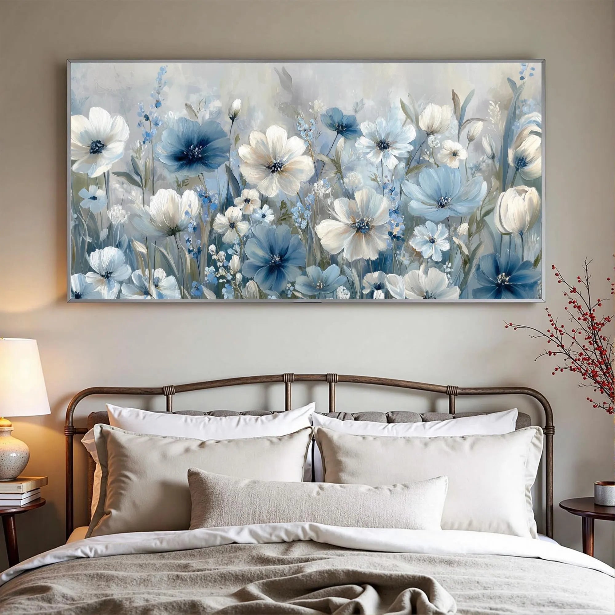 COASTAL BLOOM: Panoramic 3D Heavy Texture Botanical Wall Art, Soft Blue & White Floral Relief