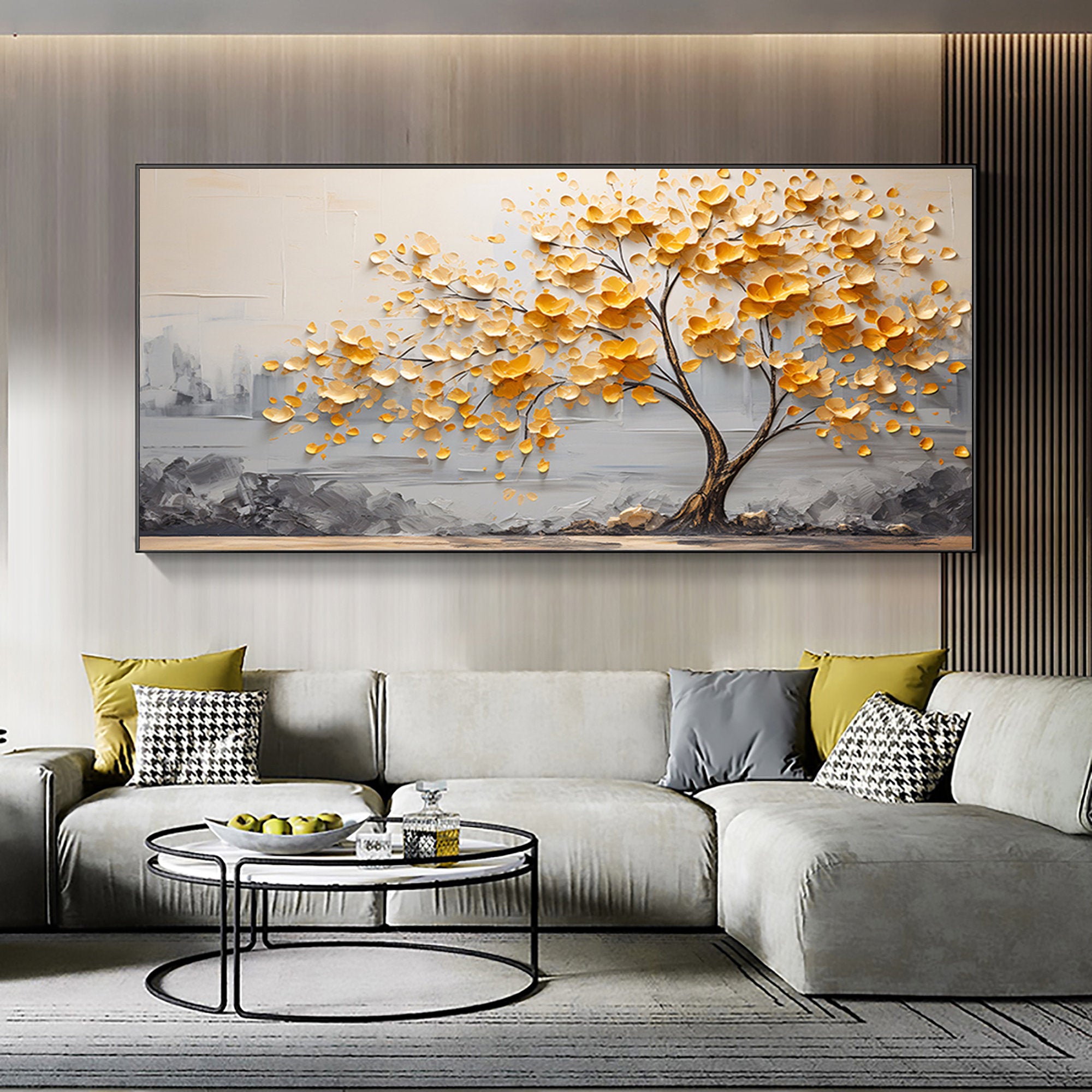 Golden Dawn – Yellow Blossom Relief on Grey Horizon Texture Painting | Modern Luxury Botanical Bedroom & Living Room Art