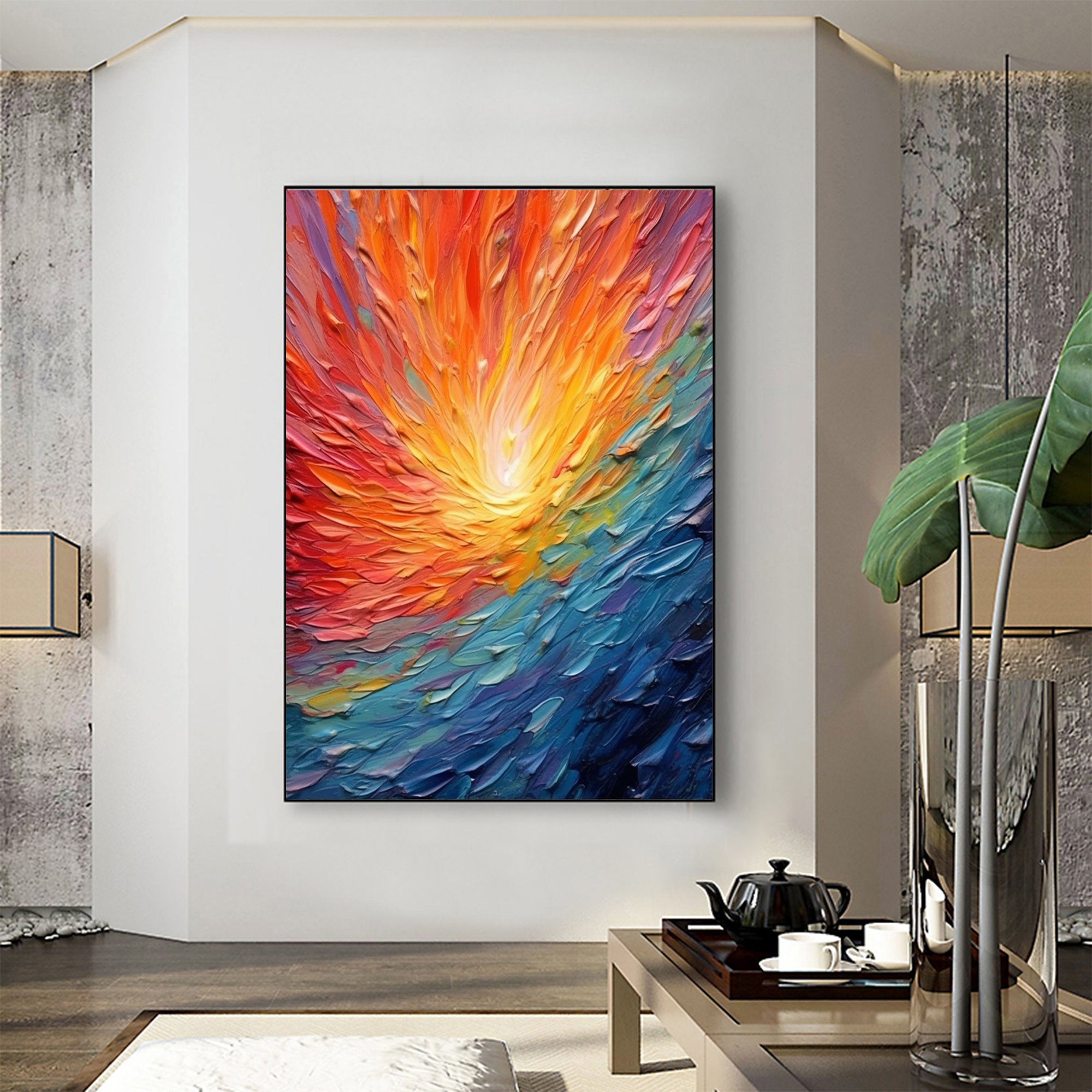 Color Explosion – Hand-Painted Multicolored Rainbow Palette Knife Abstract Painting | Bold Abstract Palette Knife Living Room Art