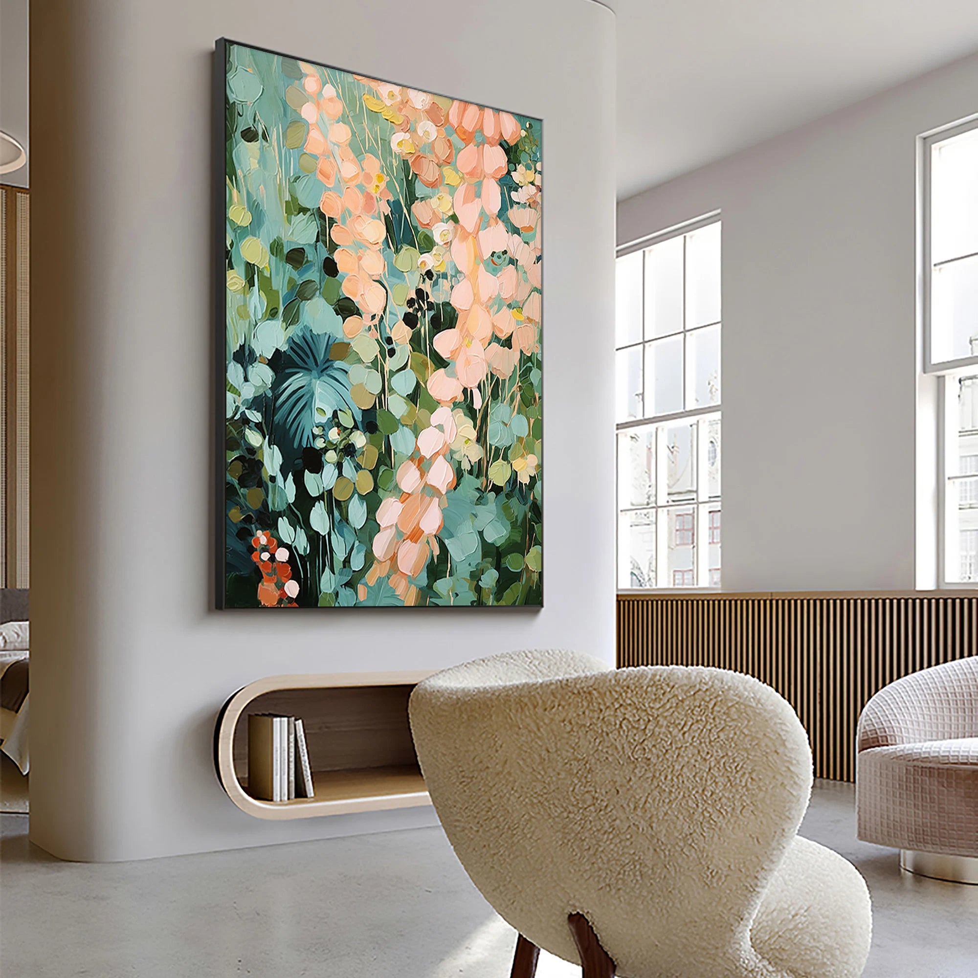 Jungle Bloom – Hand-Painted Deep Green and Apricot Flower Palette Knife Floral Painting | Tropical Botanical Bedroom & Dining Room Art