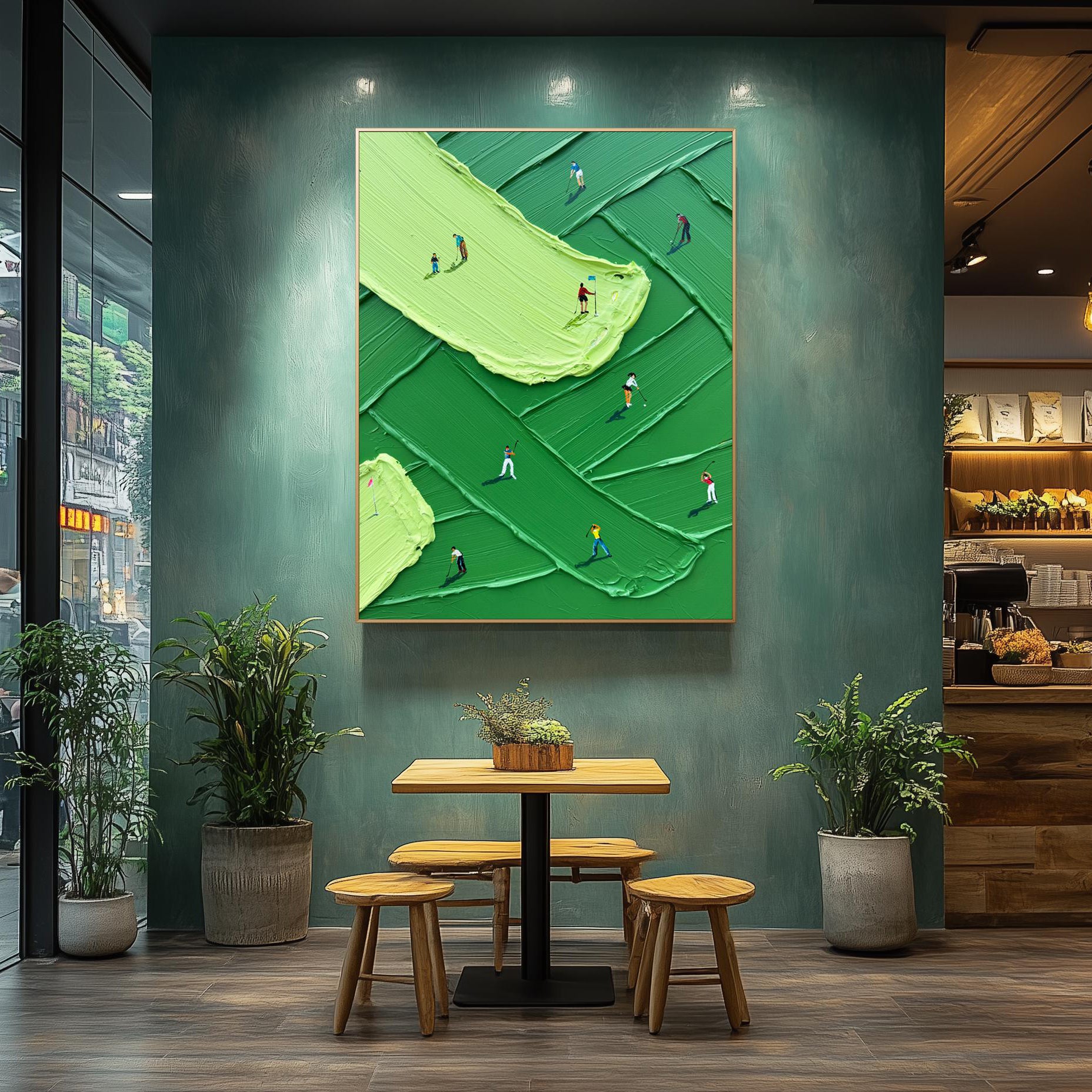 VIBRANT FAIRWAY: Sport Wall Art, Hand-Painted Green Grass Texture Minimalist Golfers 3D Heavy Texture Canvas Painting