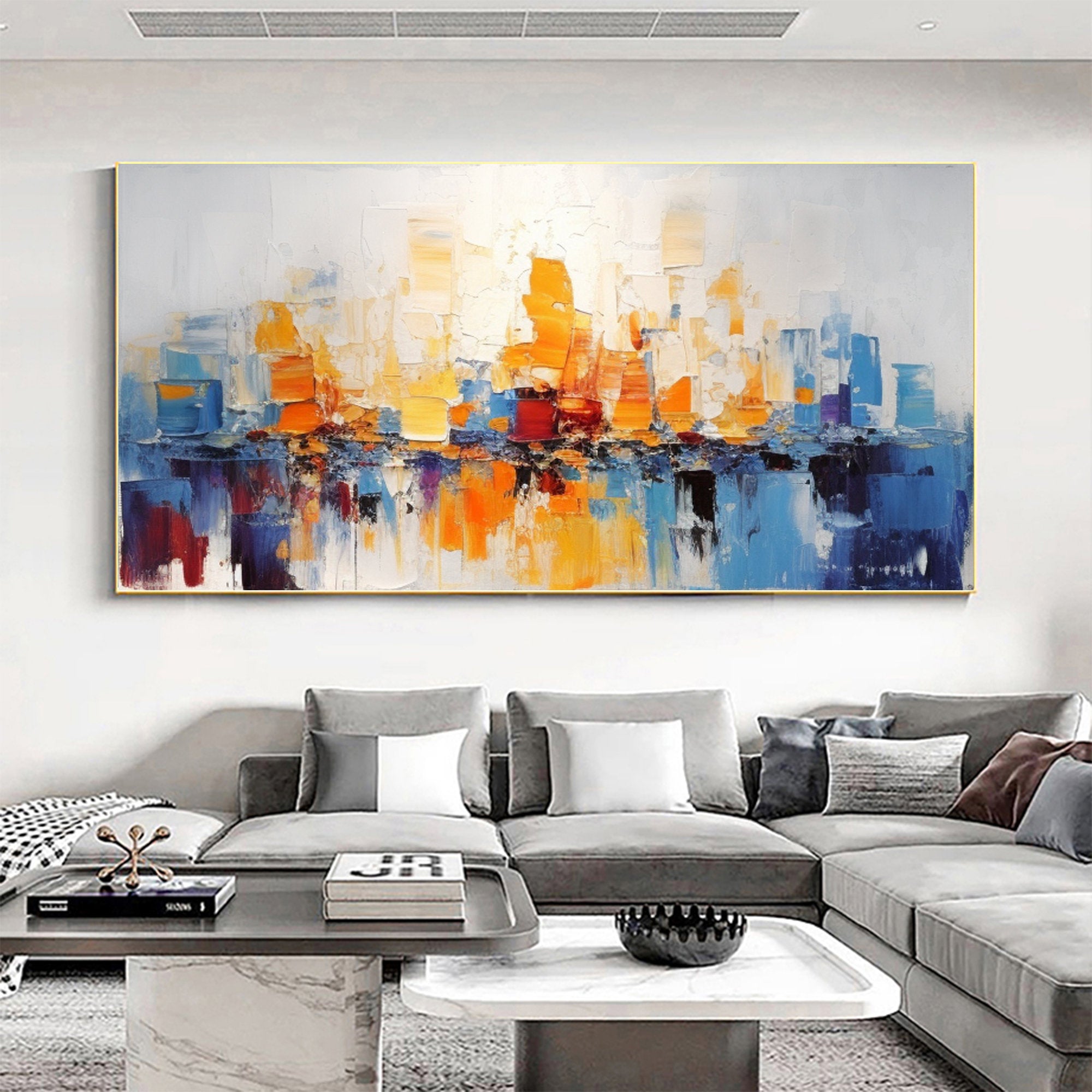 Urban Silhouette – Hand-Painted Yellow and Blue Cityscape Abstract Texture Painting | Modern Abstract Living Room & Office Art