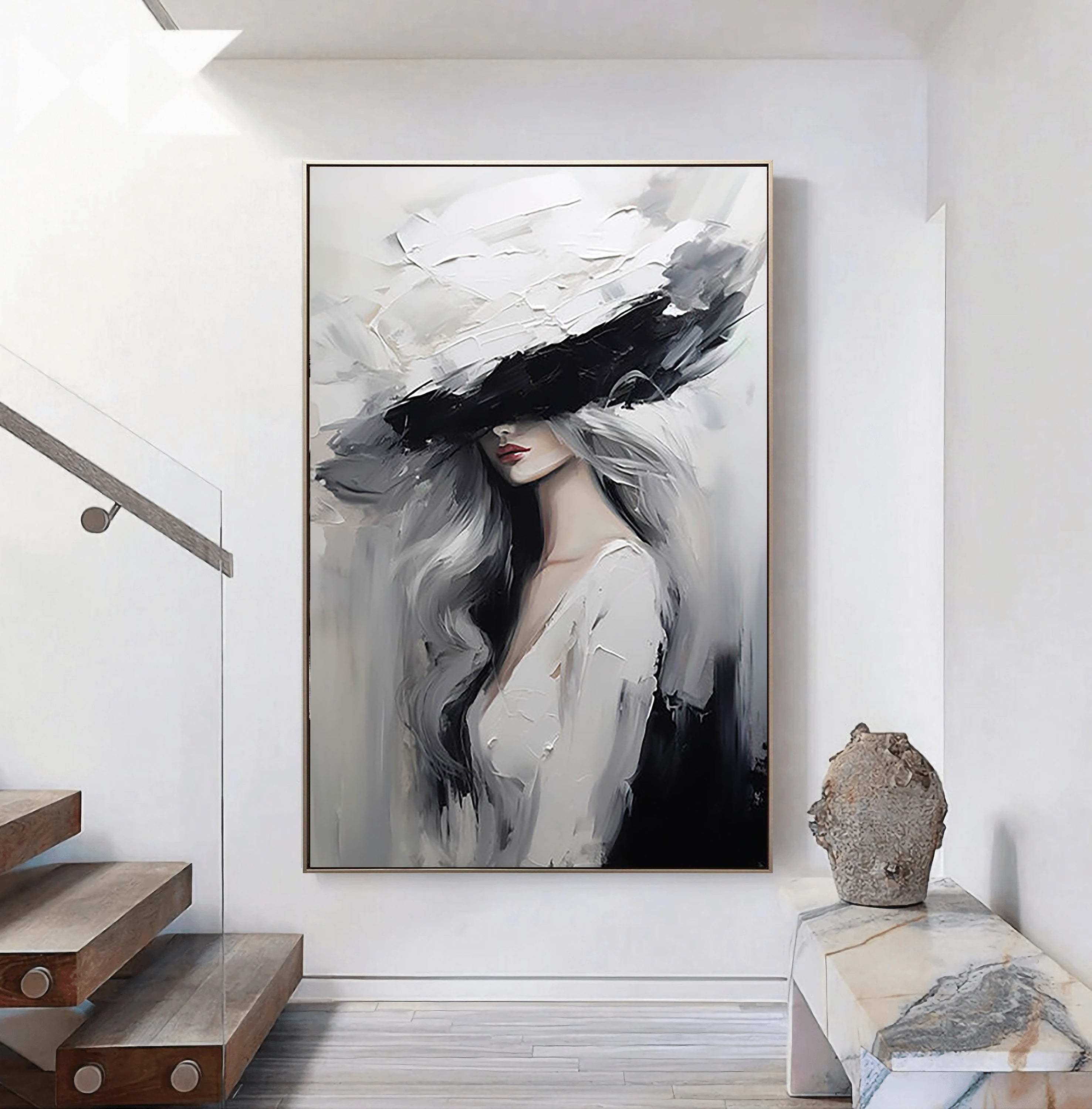 Modern Chic – Palette Knife Portrait Painting | Stylish Lady in Hat Abstract Bedroom Oil Art