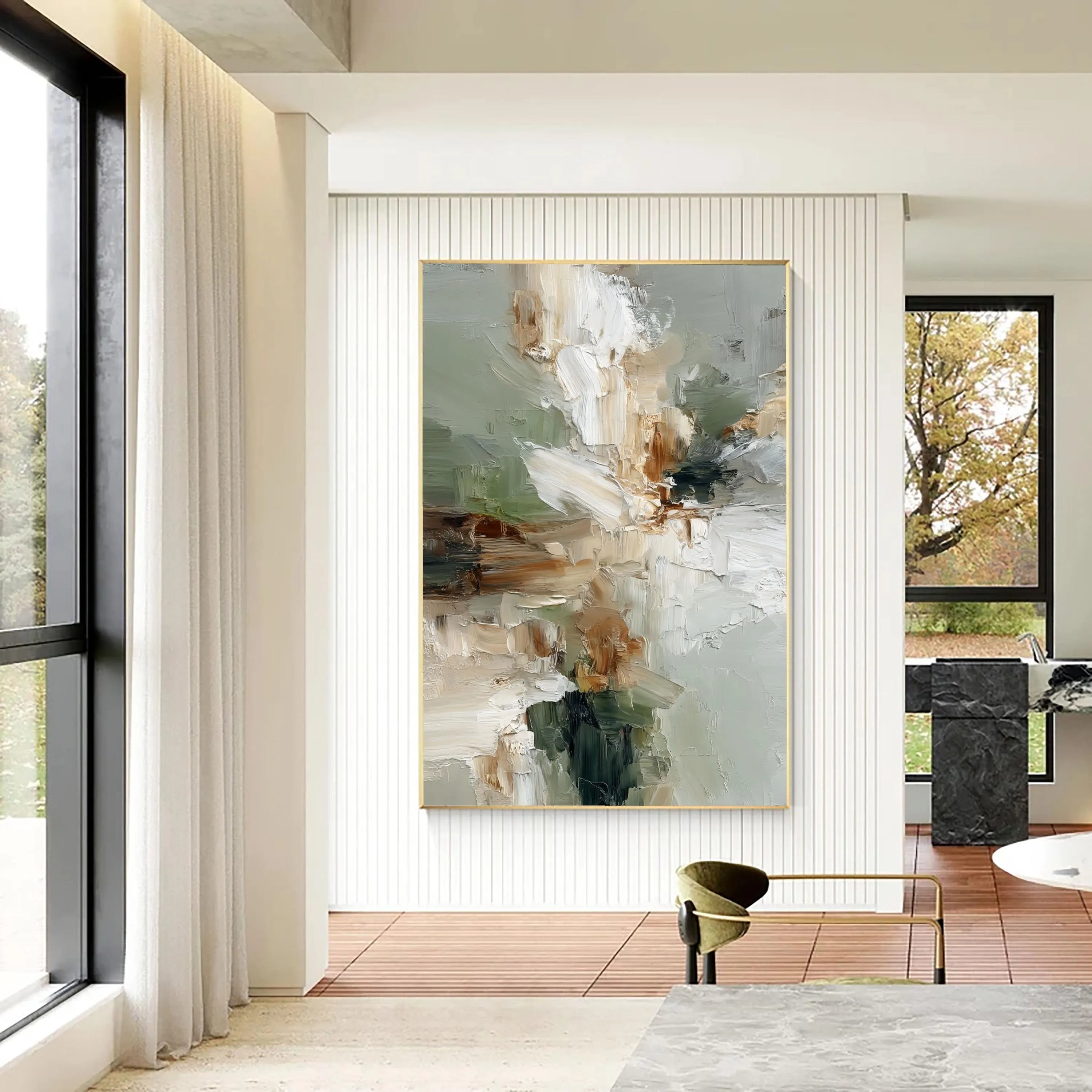 SAGE BLOSSOM: Abstract Wall Art, Hand-Painted Morandi Green and White Palette Knife 3D Impasto Textured Studio Art