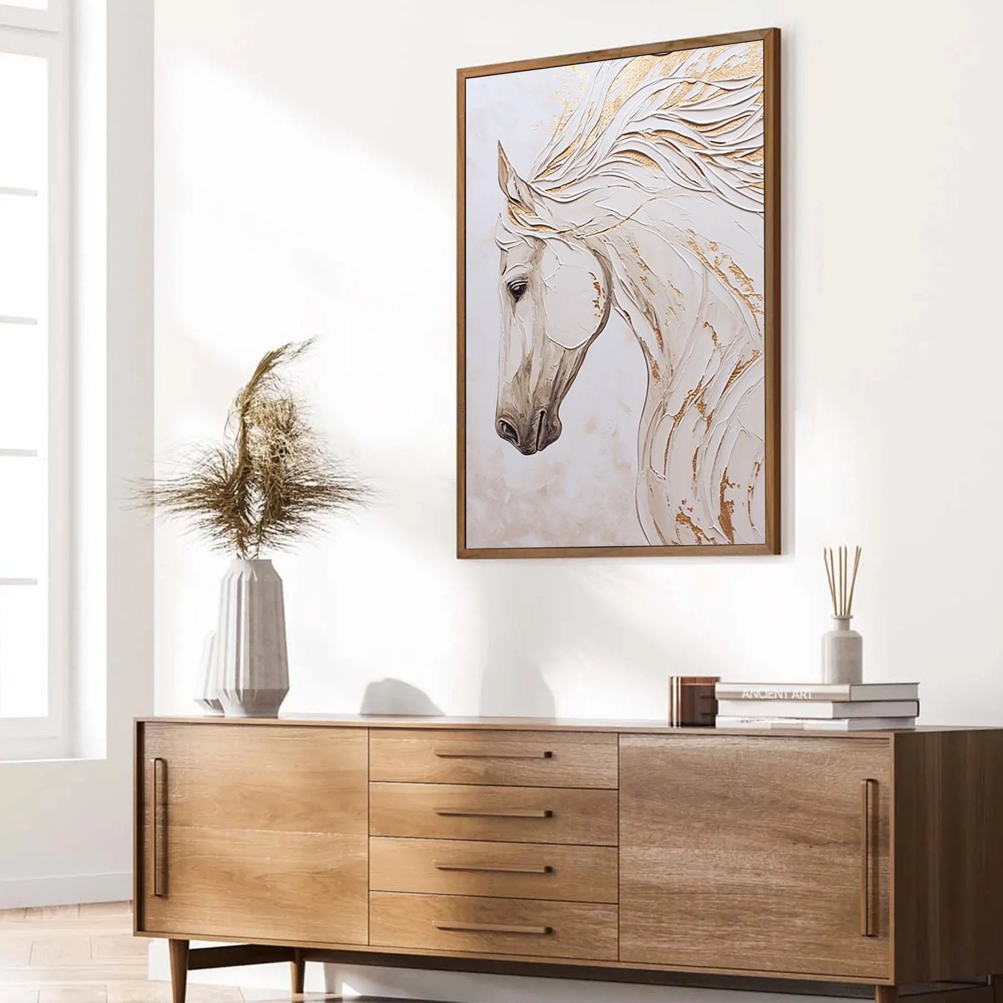 White Elegance – Modern Minimalist White Horse Sculptural Impasto Painting | Luxury Living Room Art
