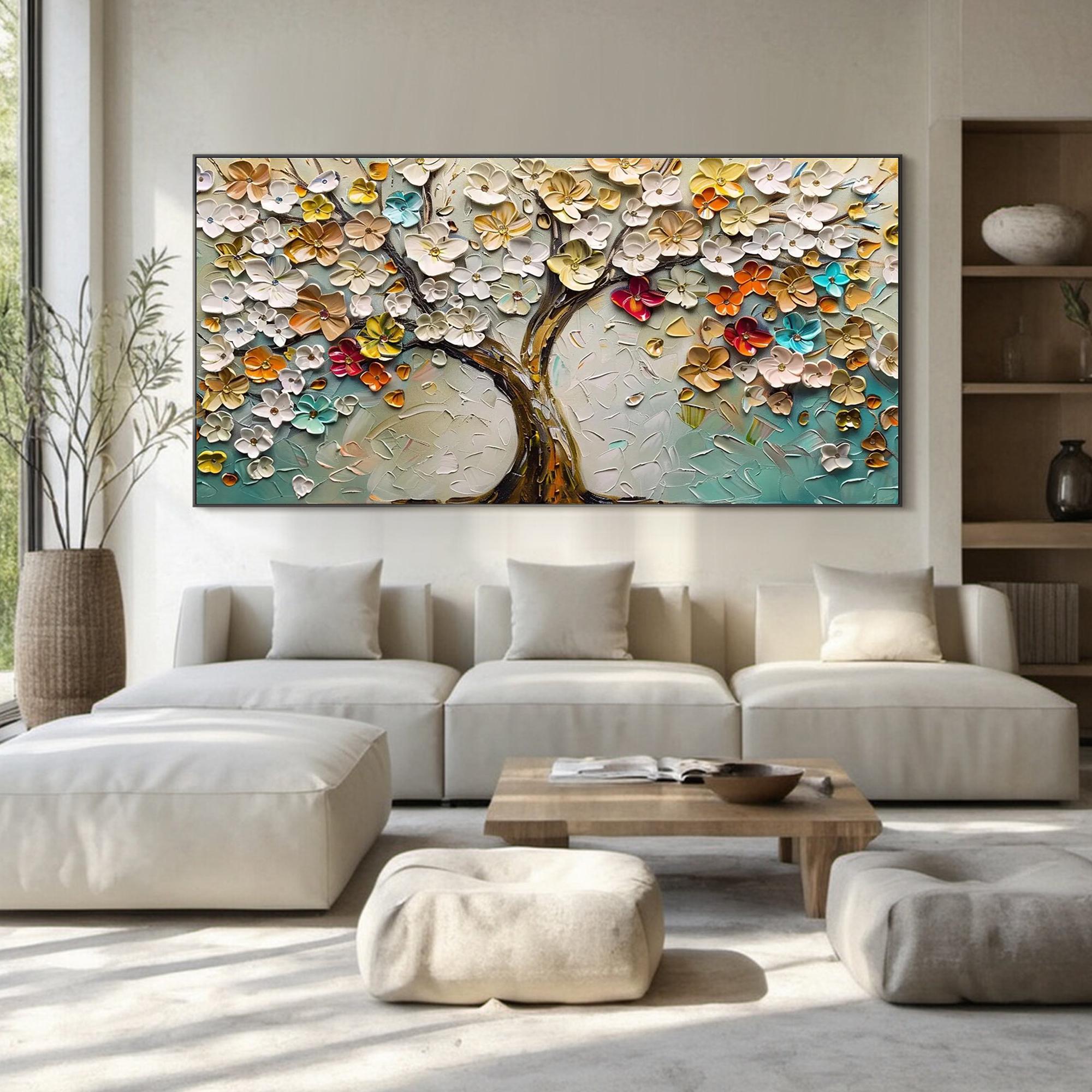 Blossom Symphony – Vibrant Floral Relief Texture Painting | Vibrant Botanical Living Room & Dining Room Art