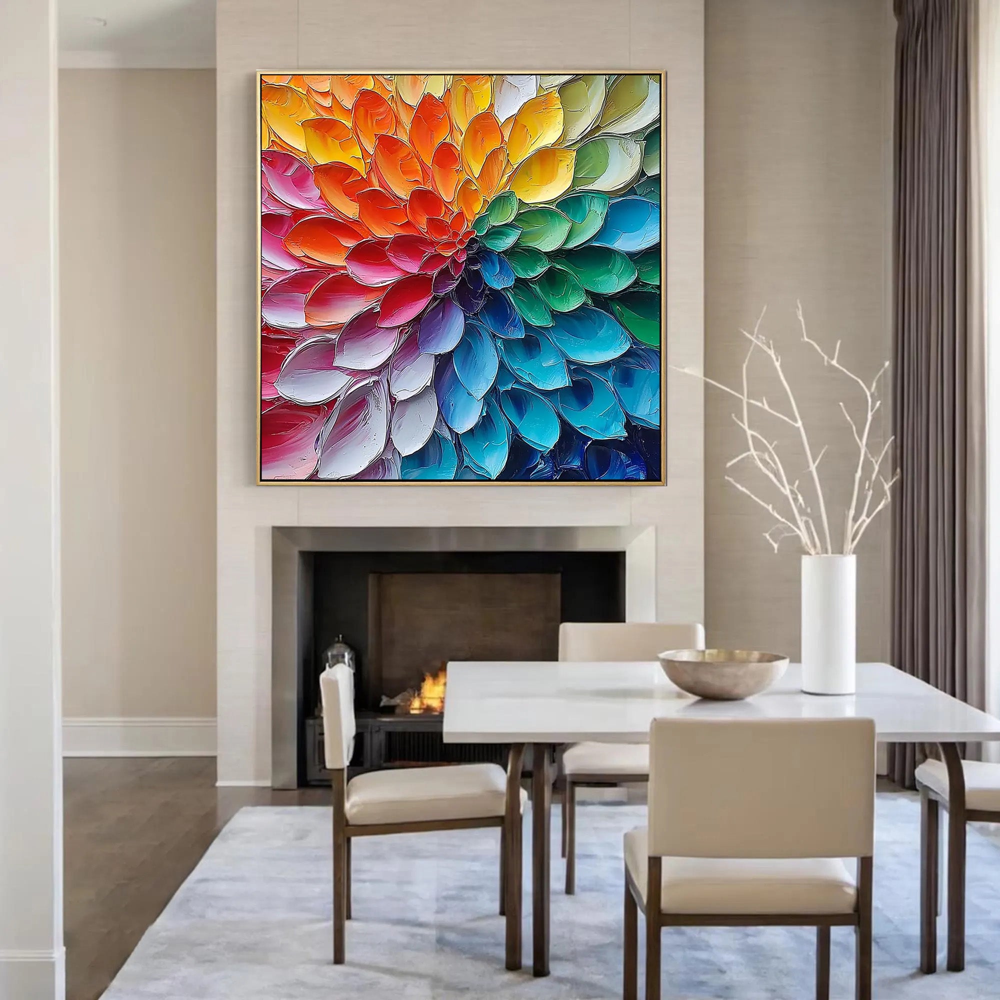 RAINBOW RADIANCE: Modern Square 3D Heavy Texture Abstract Wall Art, Vibrant Petal Relief Canvas