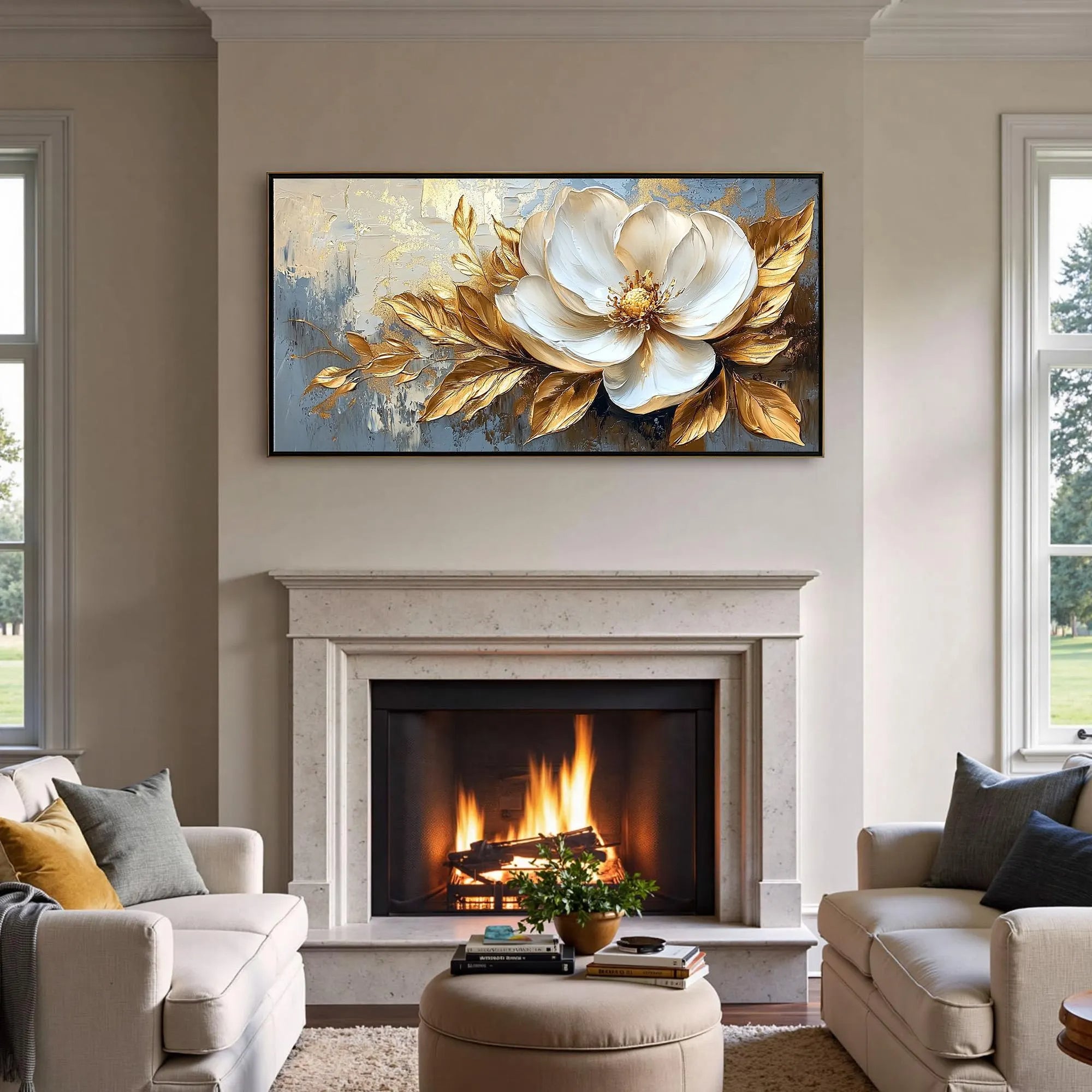 Golden Magnolia – Luxury Gold Leaf 3D Magnolia Hand-Painted Floral Painting | Modern Luxury Botanical Bedroom & Living Room Art