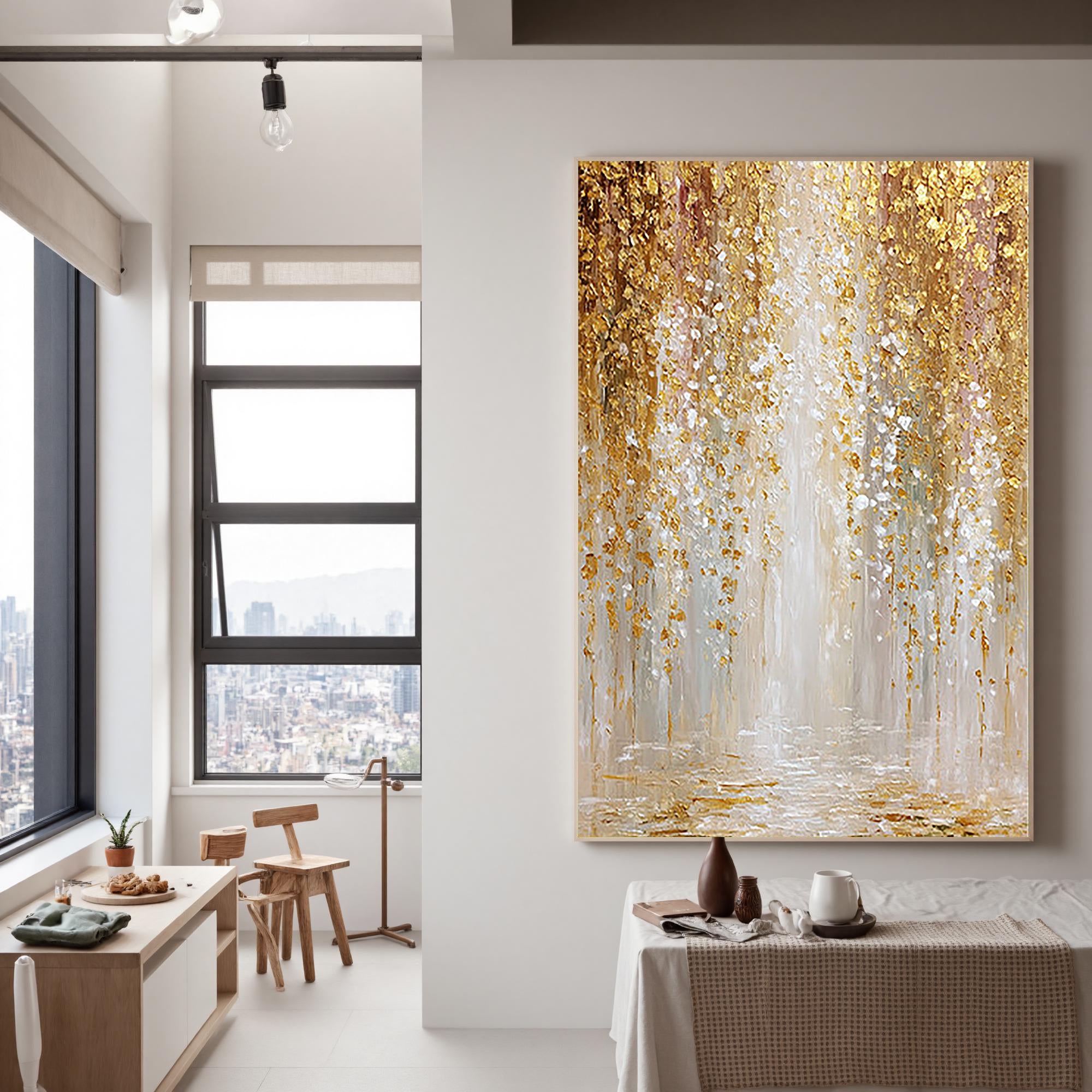 Gilded Rain – Modern Abstract Gold Leaf Waterfall Painting | Luxury Heavy Impasto Dining Room Art