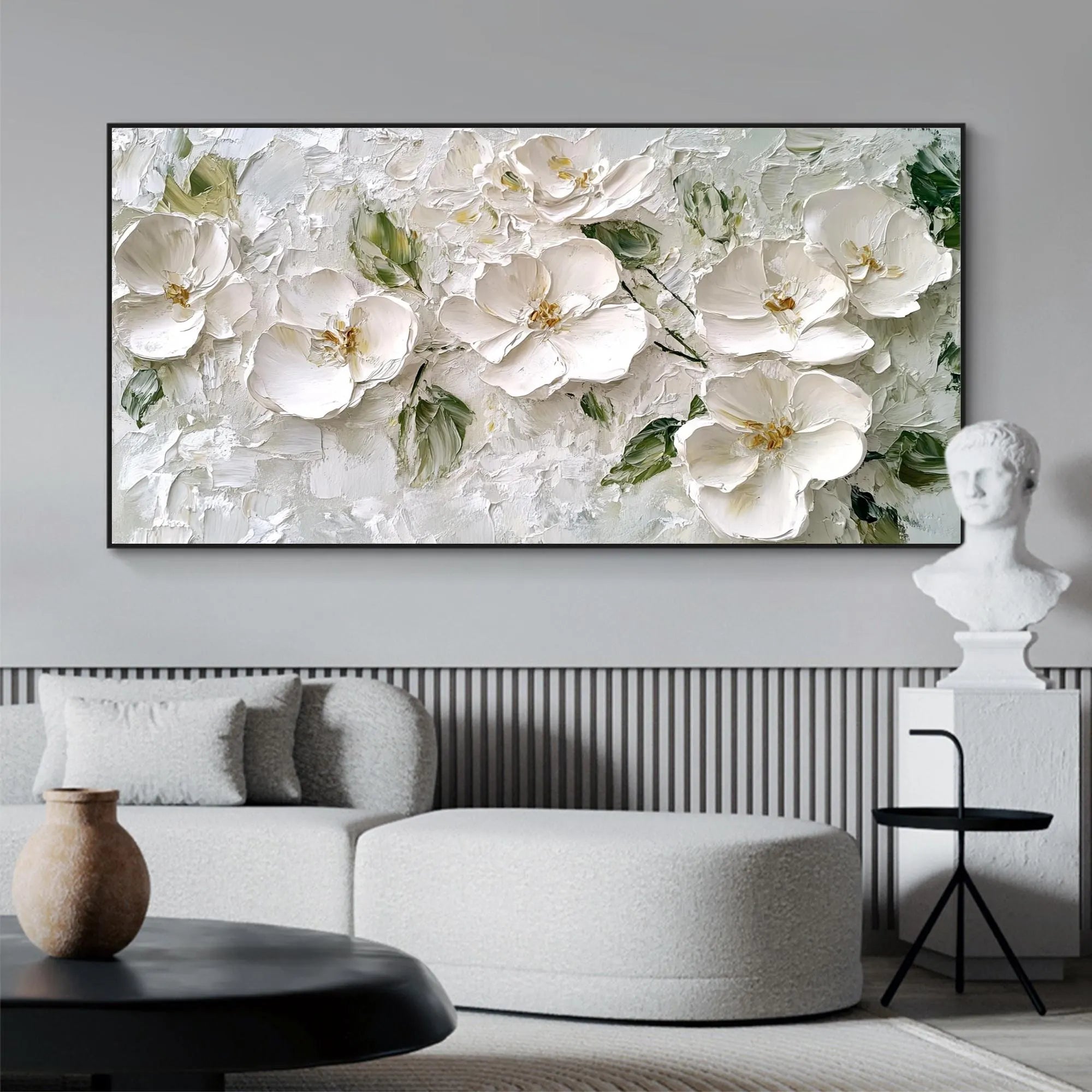 Silver Bloom – Hand-Painted Grey and White 3D Relief Plaster Effect Floral Painting | Contemporary Botanical Bedroom & Living Room Art