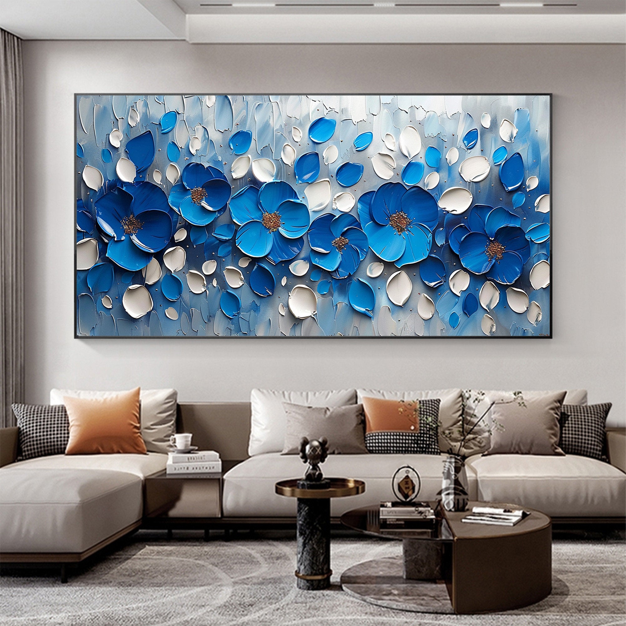 ROYAL PETALS: Flower-Tree Art, Hand-Painted Horizontal Royal Blue and White 3D Textured Palette Knife Heavy Texture Canvas Painting