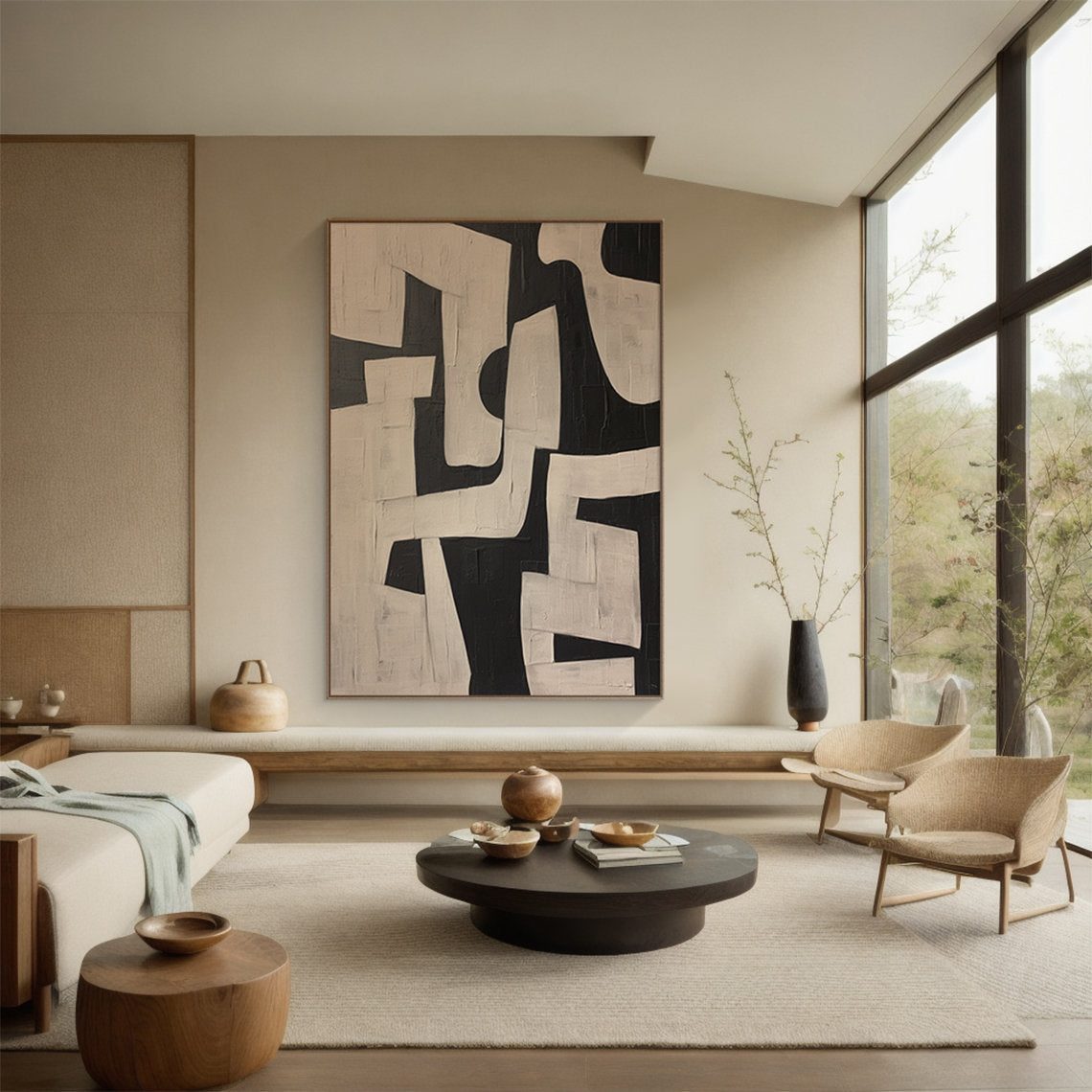 Urban Monolith – Hand-Painted Black and Tan Geometric Shapes Wabi-Sabi Painting | Japandi Wabi-Sabi Living Room & Bedroom Art