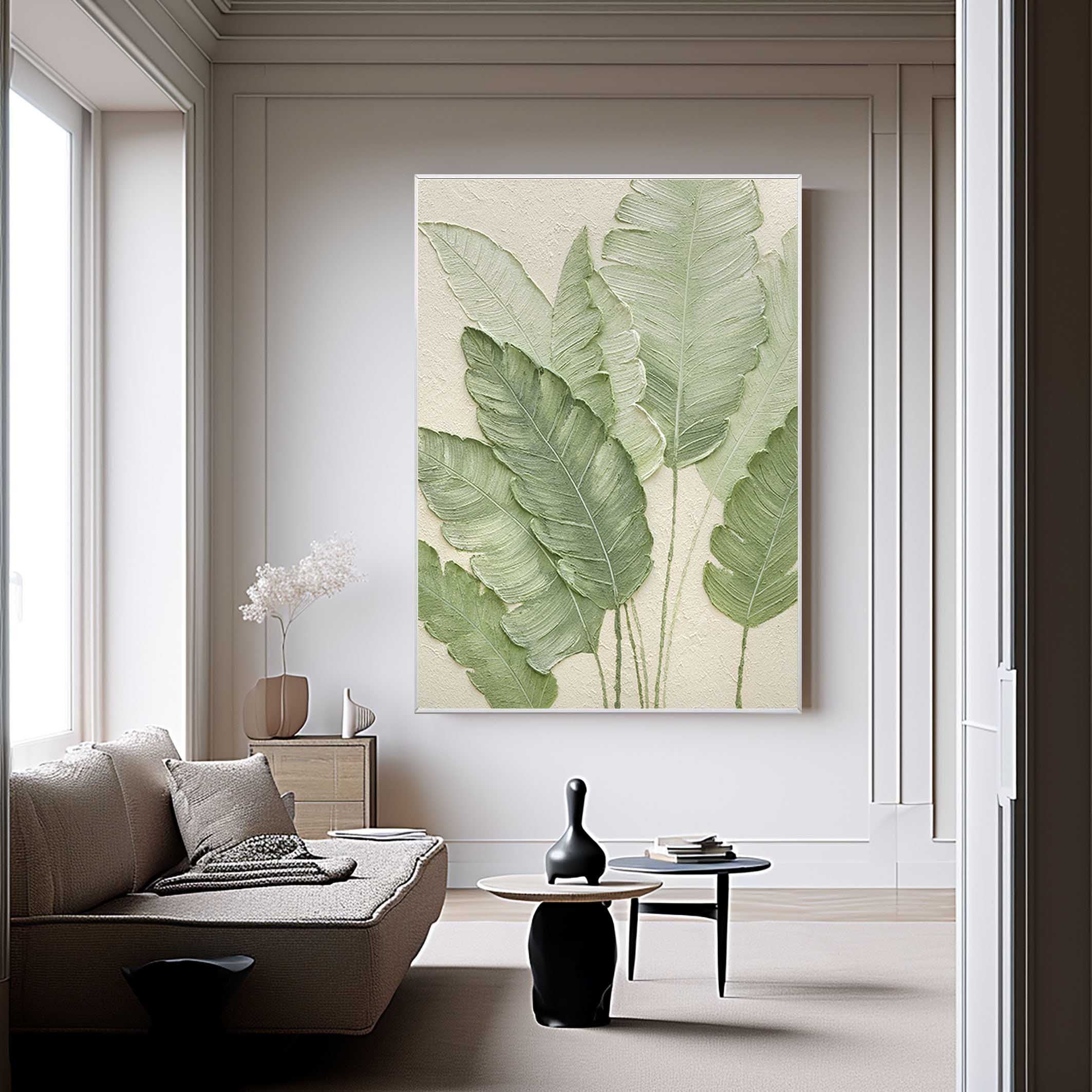 EMERALD WHISPER: 3D Textured Banana Leaf Wall Art, Right-Facing Botanical Relief with Gold Edges