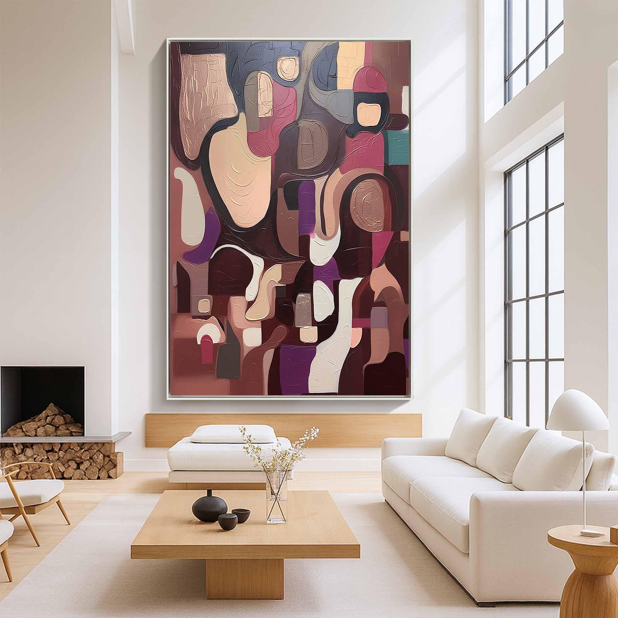 Mauve Mosaic – Hand-Painted Burgundy and Mauve Geometric Cubist Abstract Painting | Modern Abstract Living Room & Office Art