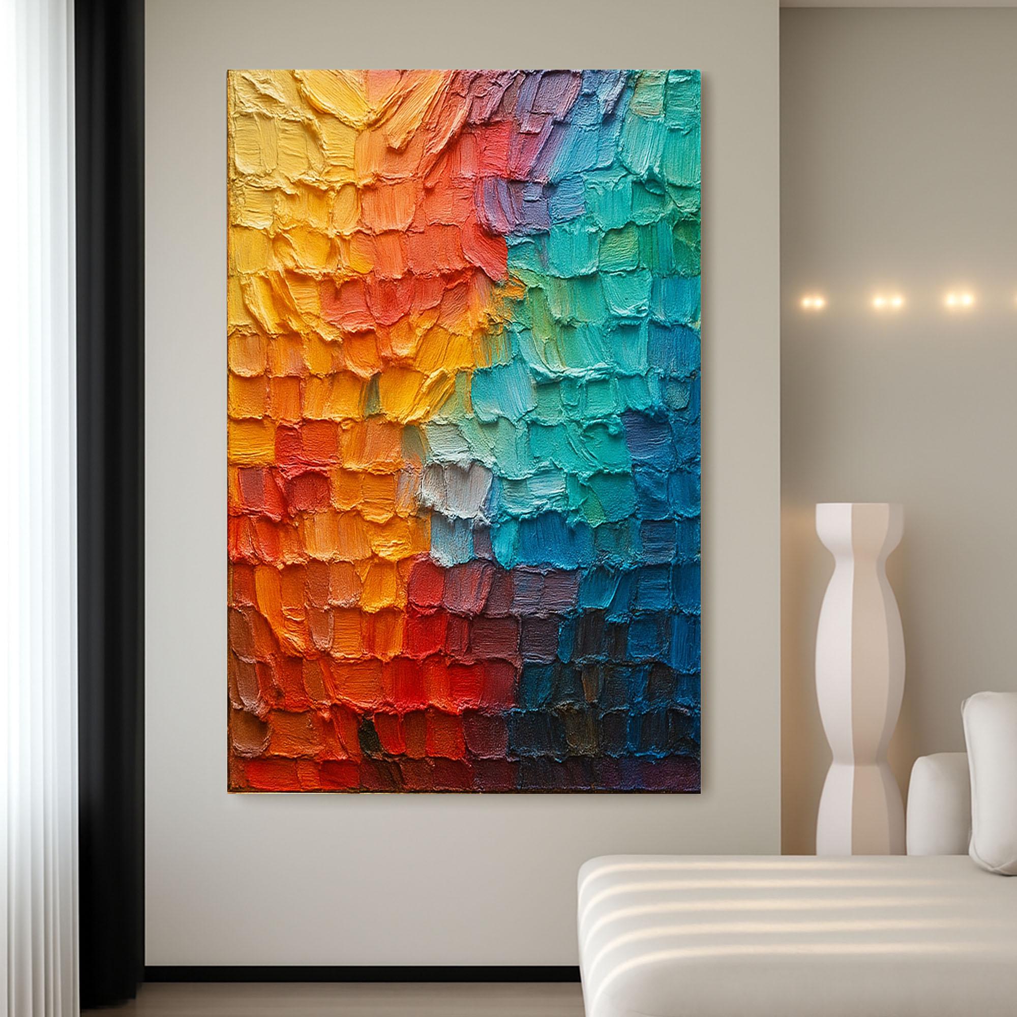 Spectrum Cube – Hand-Painted Multicolored Rainbow Palette Knife 3D Abstract Painting | Bold Abstract Palette Knife Living Room Art