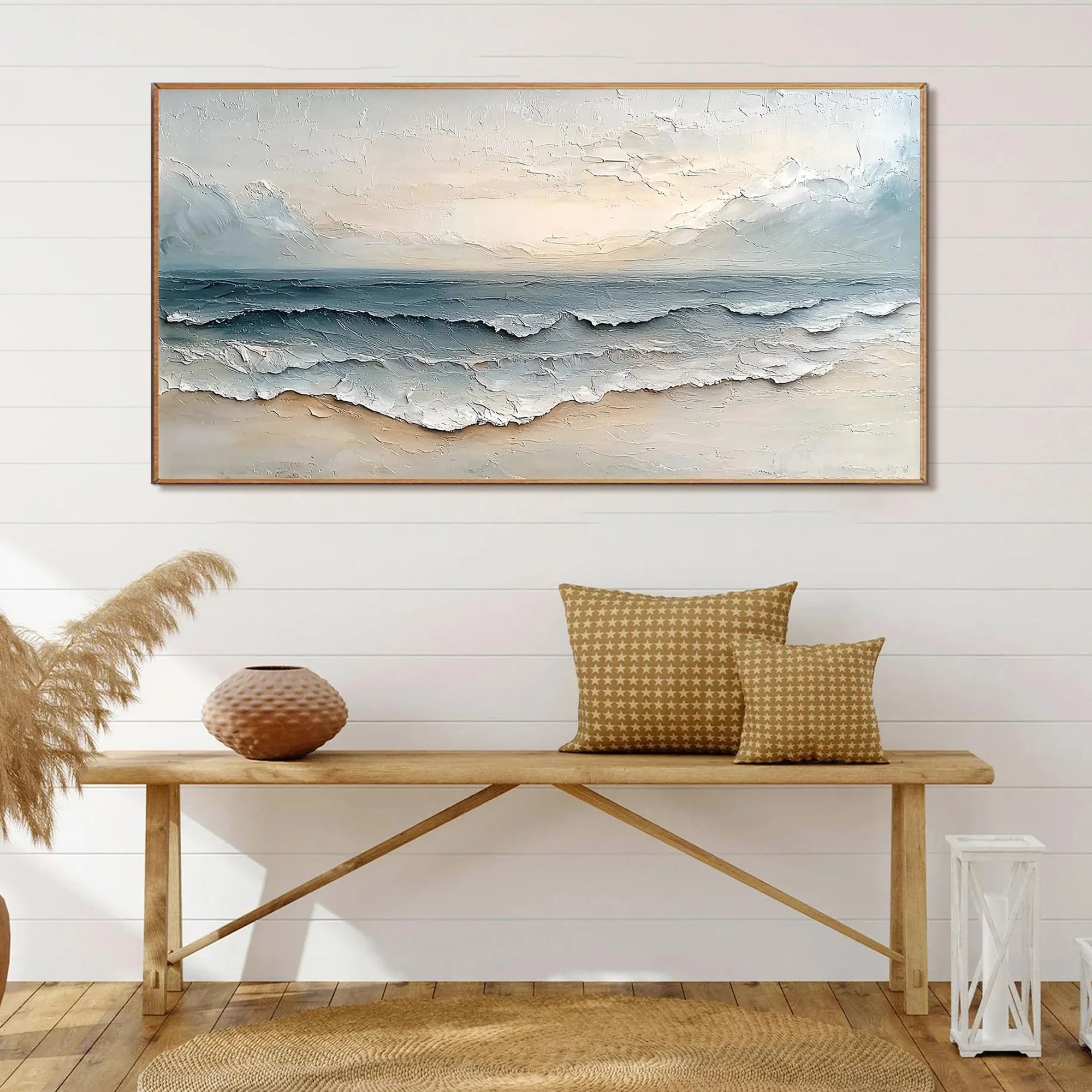CREAMY SHORE: Texture Wall Art, Hand-Painted Horizontal Off-White and Pale Blue 3D Textured Coastal Canvas Art