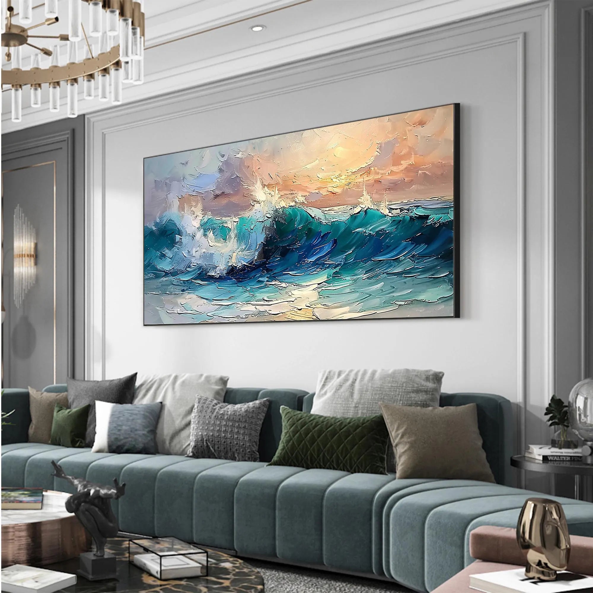 INDIGO SURGE: Texture Wall Art, Hand-Painted Horizontal Deep Blue and Sunset 3D Heavy Texture Palette Knife Gallery Art