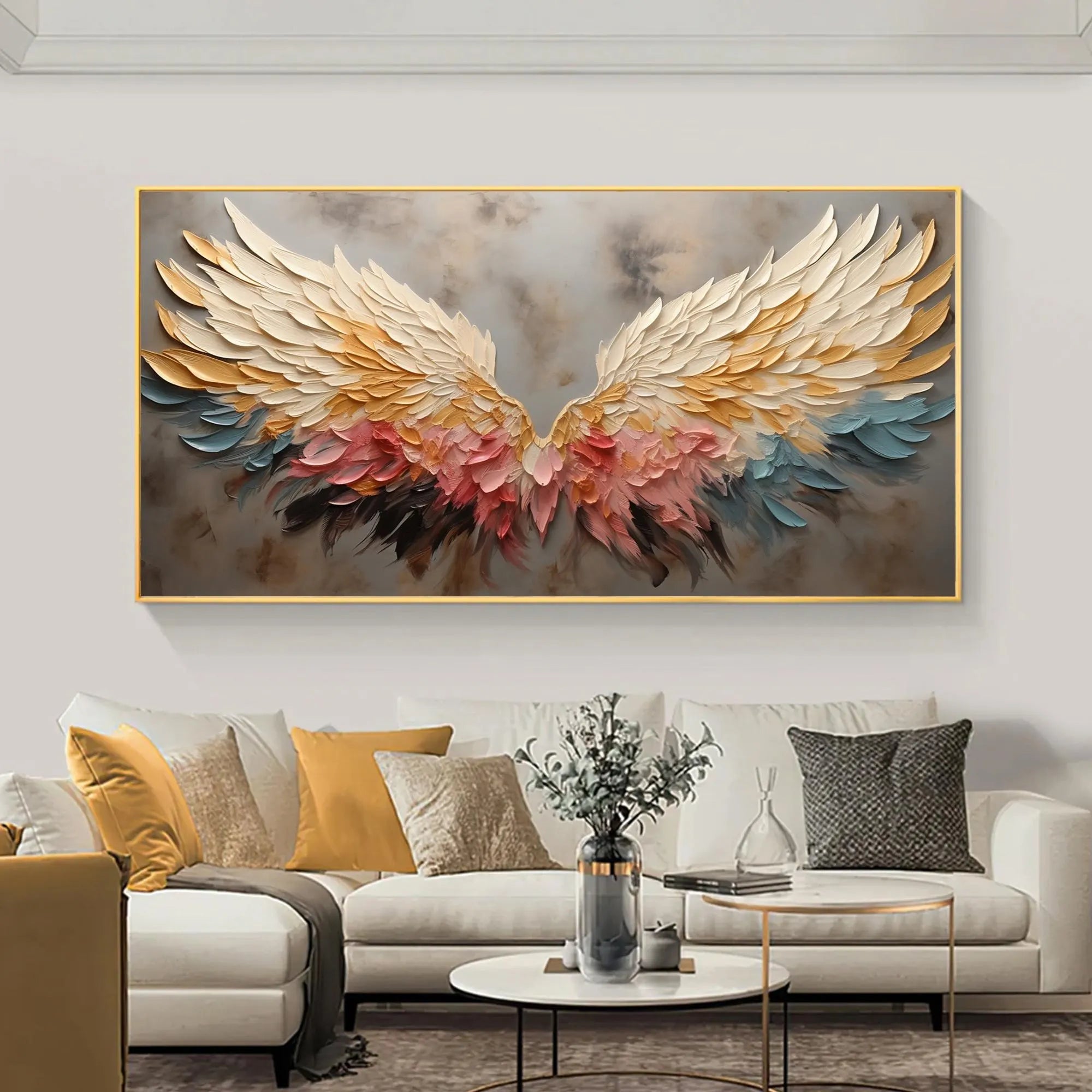 Sunset Wings – Gold & Rose Pink Feather Relief Texture Painting | Modern Luxury Metallic Living Room & Hotel Art