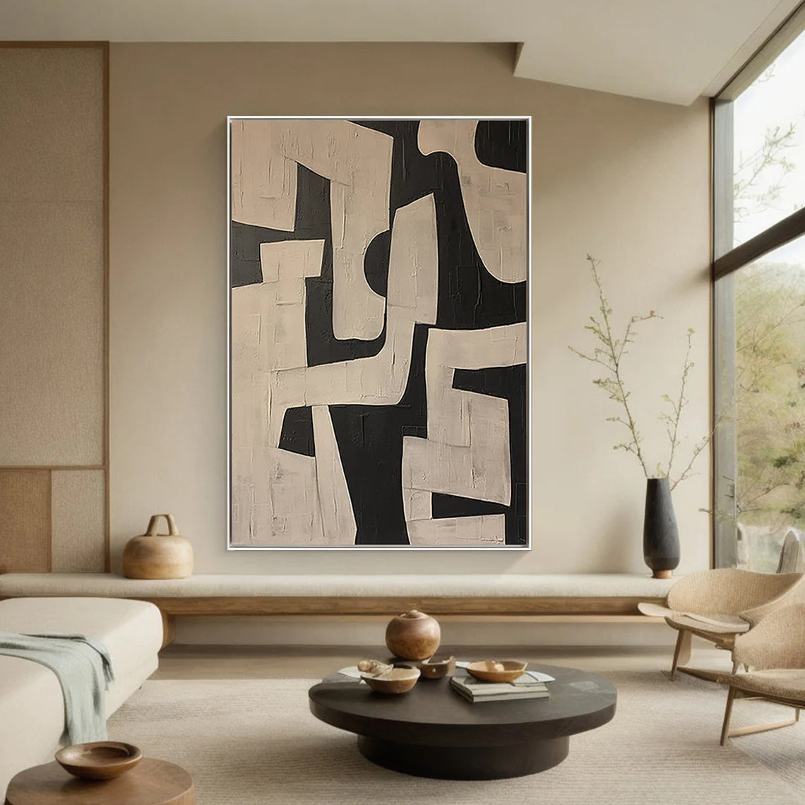 Earthen Relic – Hand-Painted Distressed Beige and Black Wabi-Sabi Painting | Japandi Organic Wabi-Sabi Living Room & Hallway Art