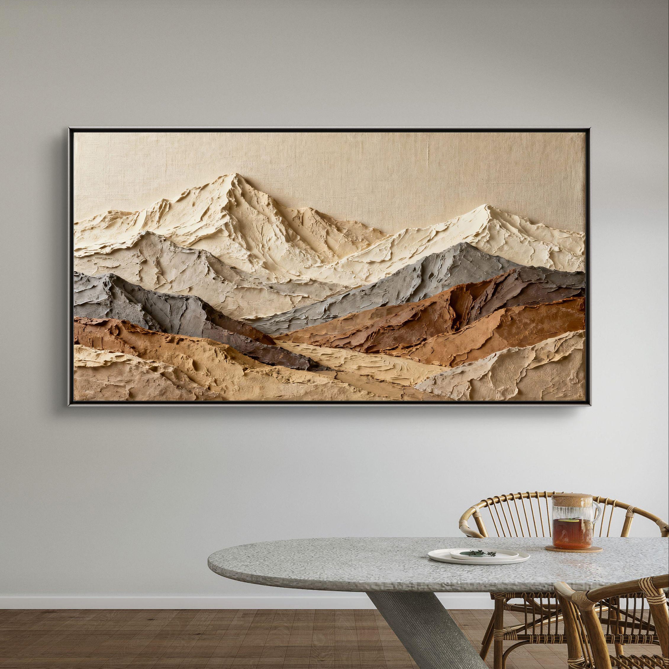 ALPINE SUMMIT: Mountains Valley Art, Hand-Painted Horizontal Oatmeal and Grey Mountain Range Plaster Relief 3D Textured Gallery Art