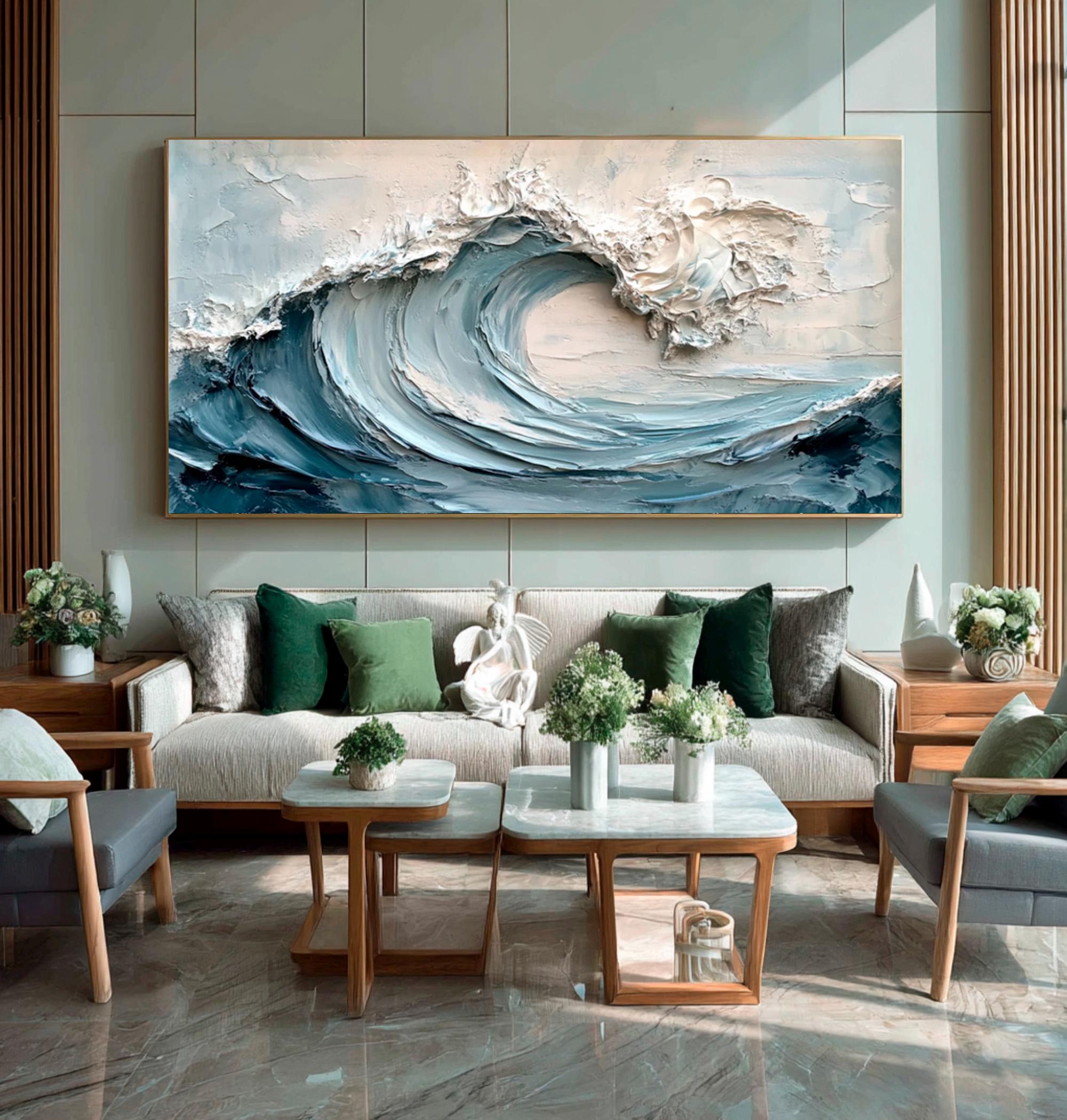 Pacific Surge – Modern Blue Ocean Relief Texture Painting | Coastal Modern Living Room & Bedroom Art
