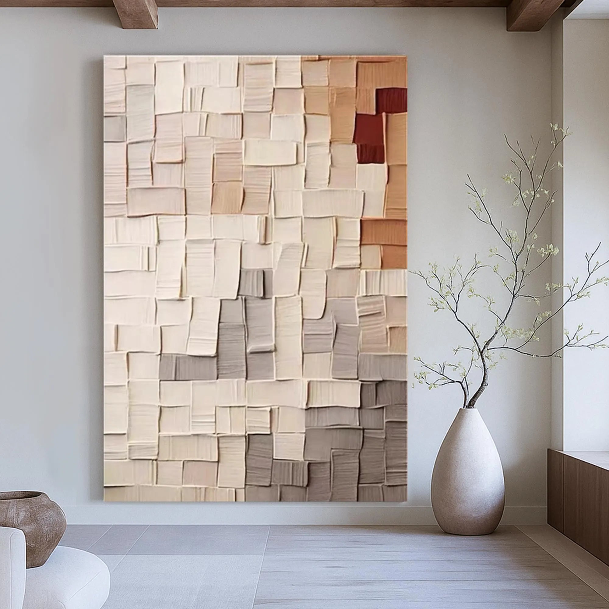 GEOMETRIC MOSAIC: Minimalist Texture Wall Art, Neutral 3D Block Palette Knife Abstract Canvas Art