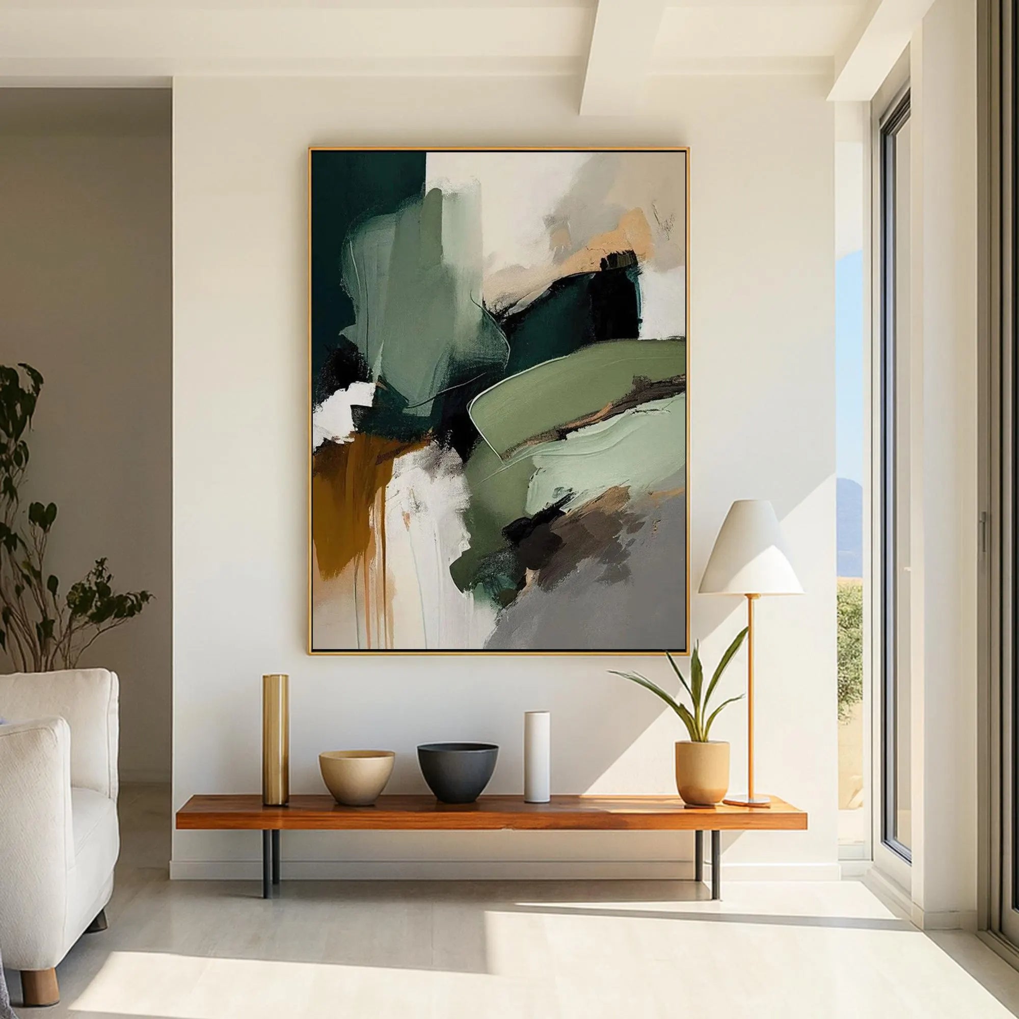 Earthen Rhythm – Hand-Painted Moss Green and Ochre Large Brushstroke Modern Texture Painting | Japandi Wabi-Sabi Living Room & Bedroom Art