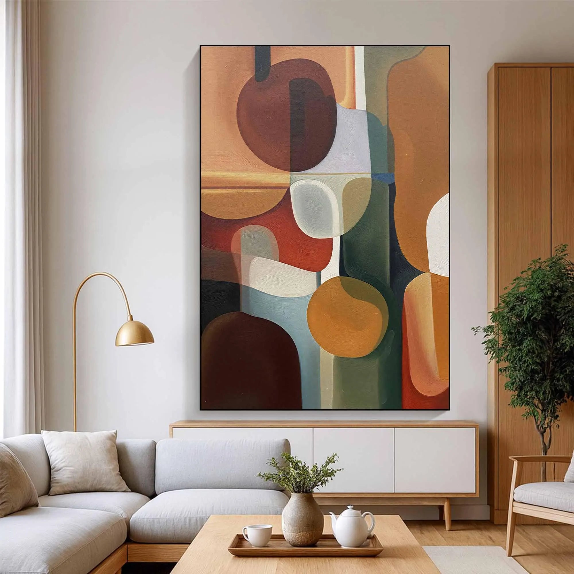 Retro Contour – Warm Earth Tone Geometric Abstract Painting | Modern Wabi-Sabi Living Room Art
